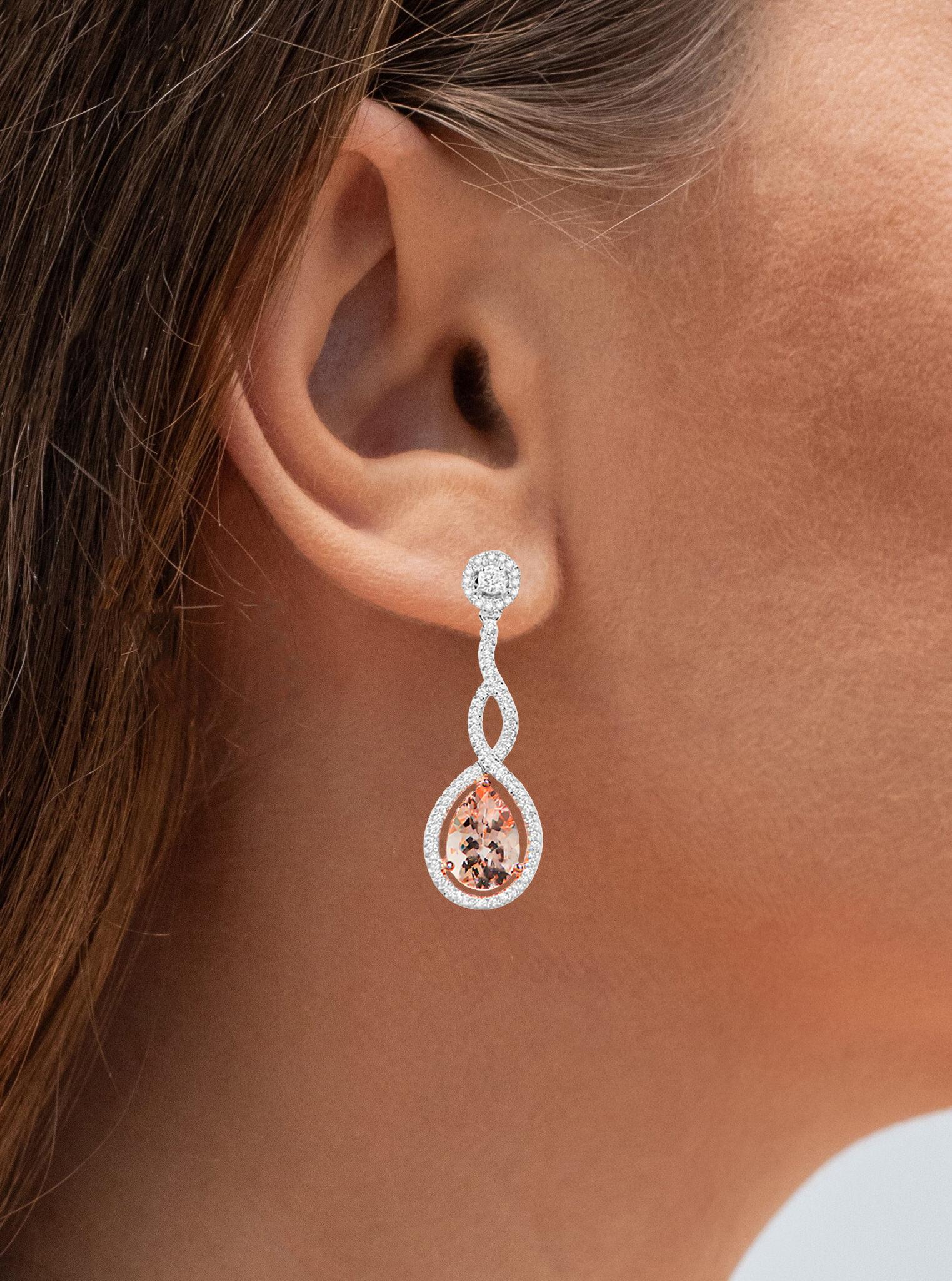 Pear Cut Morganite Dangle Earrings With Diamonds 4.3 Carats 18K White Gold For Sale