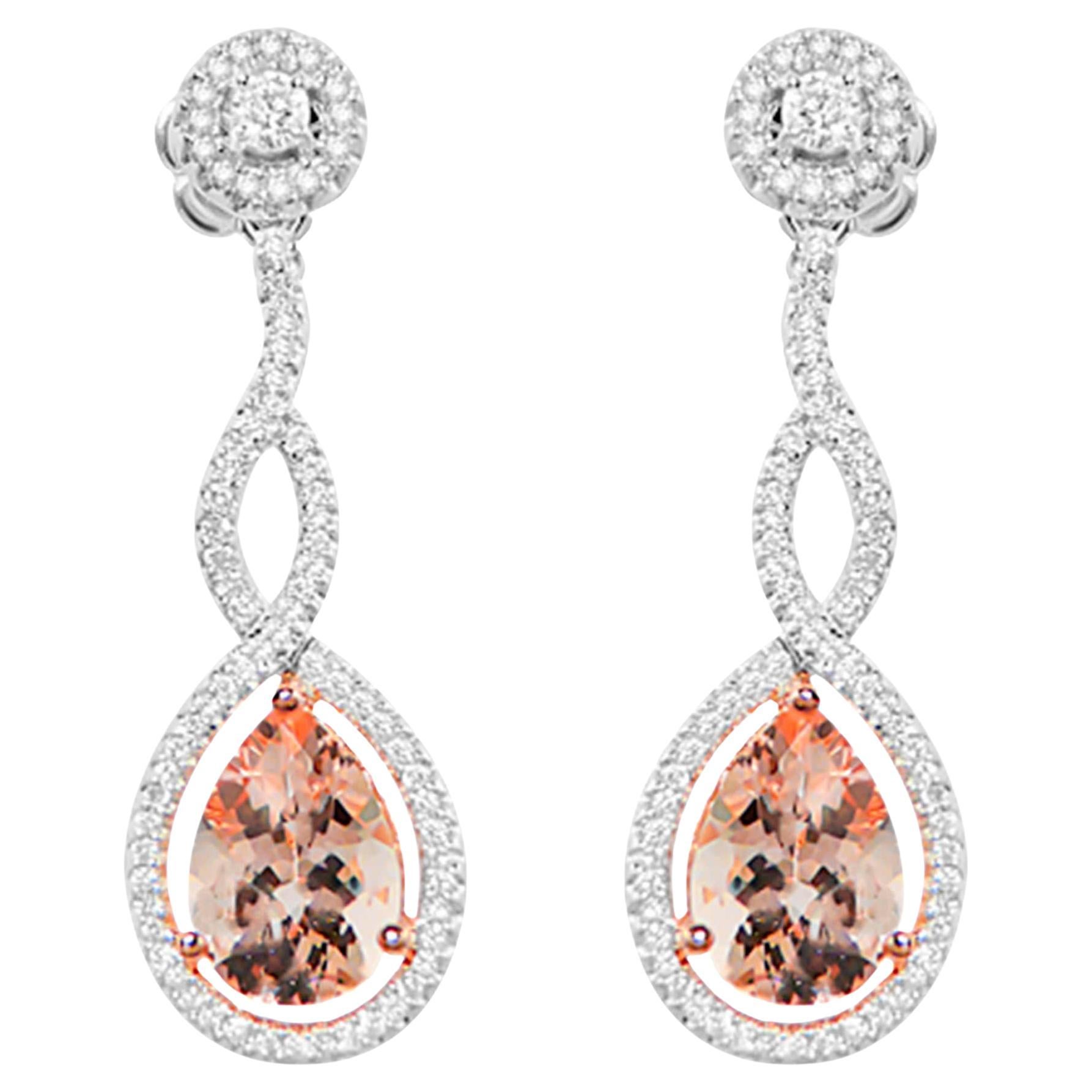 Morganite Dangle Earrings With Diamonds 4.3 Carats 18K White Gold