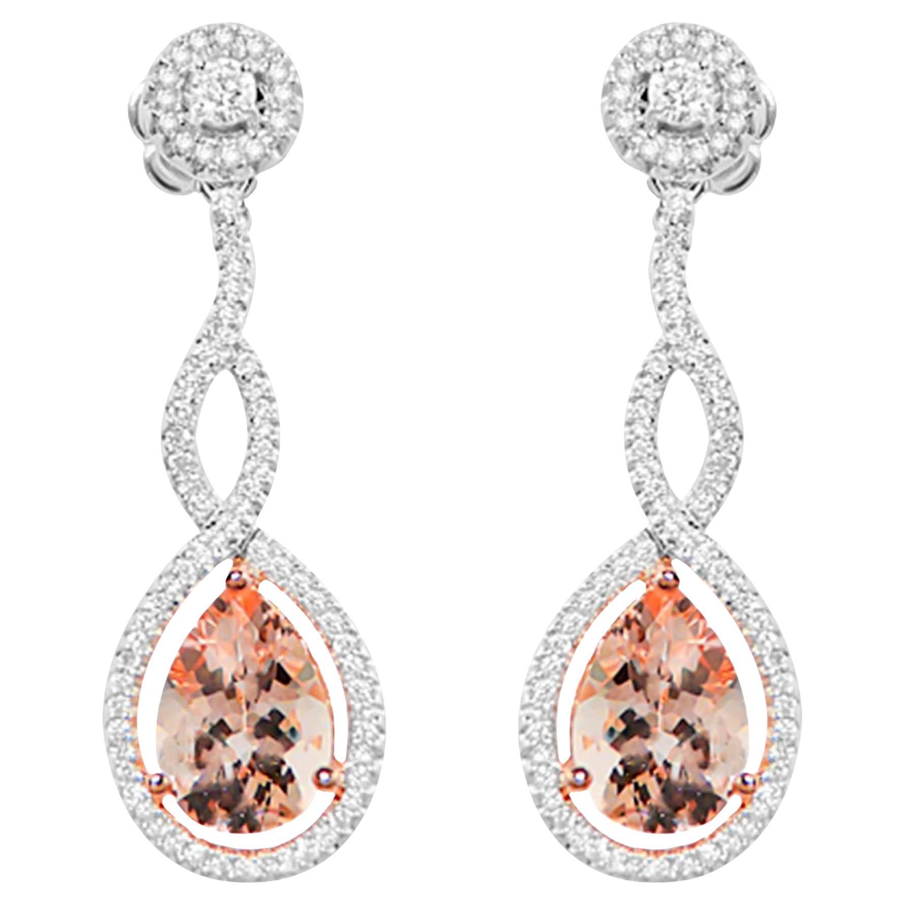 Morganite Dangle Earrings With Diamonds 4.3 Carats 18K White Gold