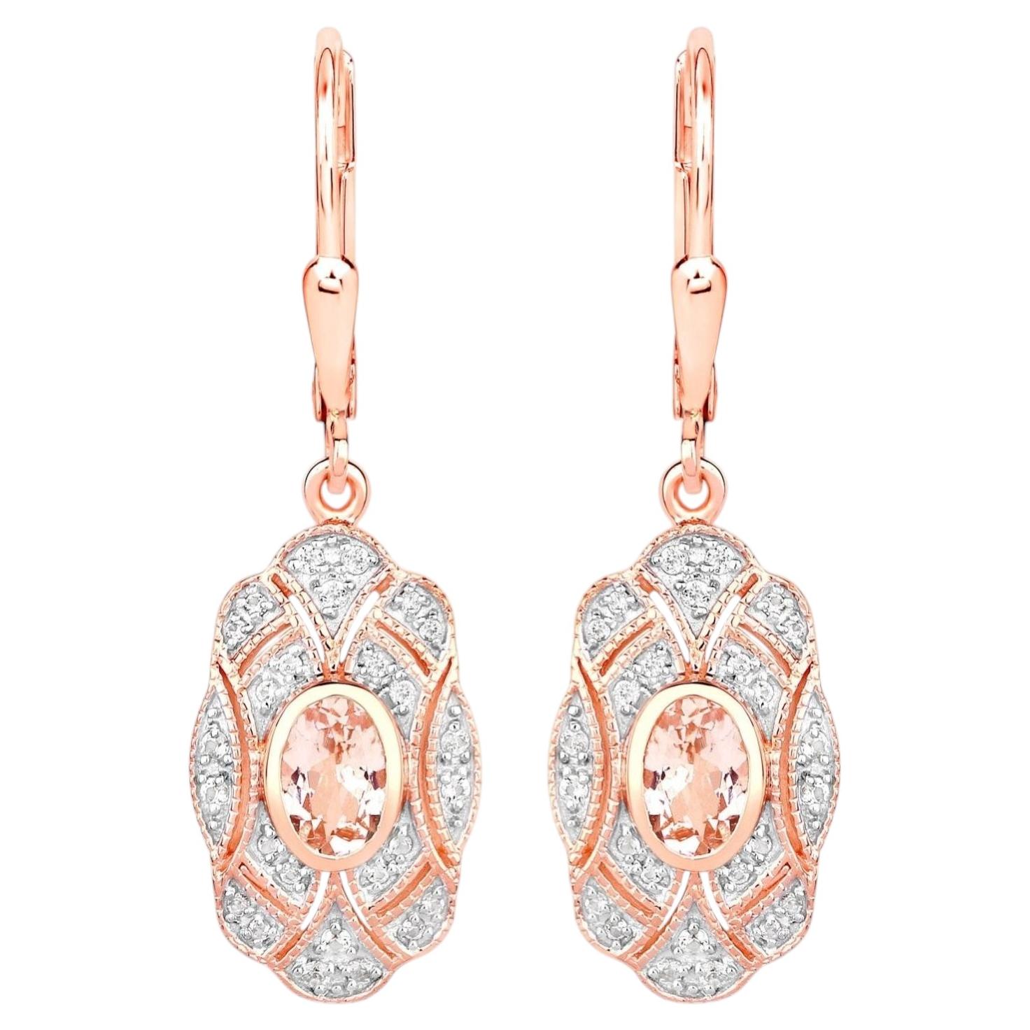 Boucles d'oreilles pendantes en Morganite avec Topaze Blanche 1.02 Carats Argent Plaqué Or en vente