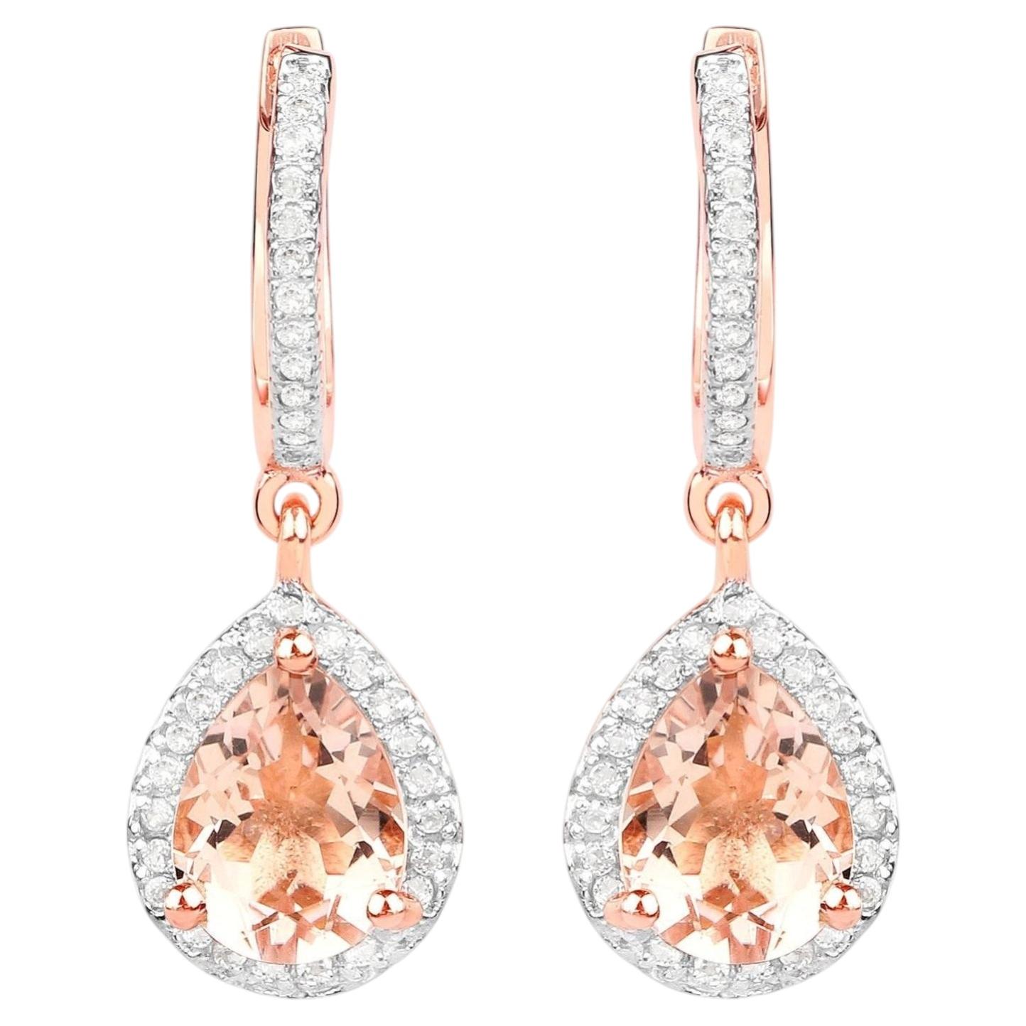 Morganite Dangle Earrings With White Topaz 2.02 Carats Gold Plated Silver