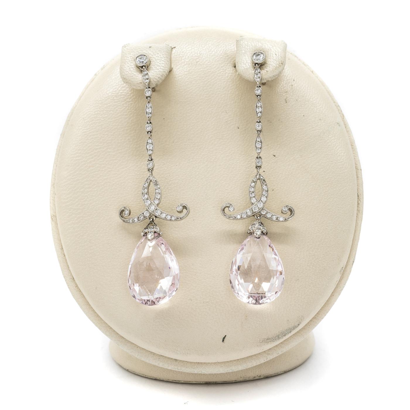 Modern Morganite, Diamond and Platinum Drop Earrings, 20.97 Carats For Sale