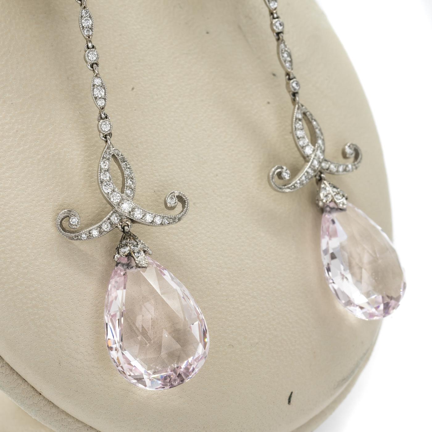 Briolette Cut Morganite, Diamond and Platinum Drop Earrings, 20.97 Carats For Sale
