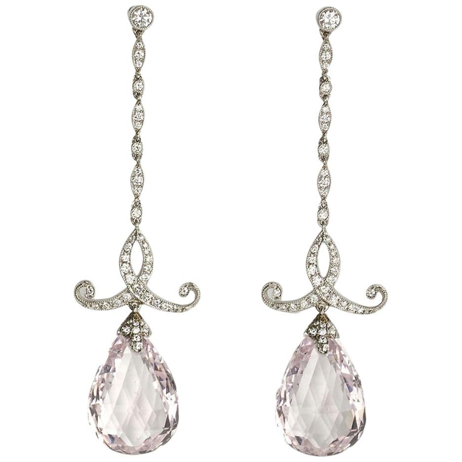 Morganite, Diamond and Platinum Drop Earrings, 20.97 Carats For Sale