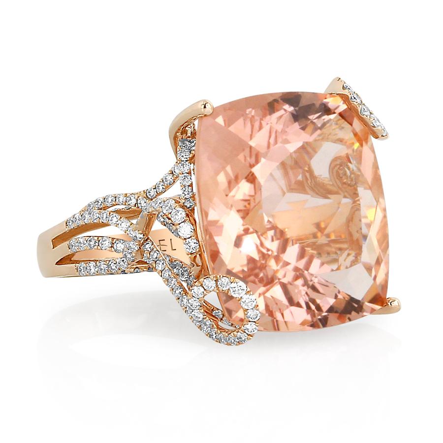 A joyful multitude of diamond-set curls gently grip and swirl around a magnificent morganite to create this unique and graceful ring. The rose gold creates a unified look against the delicate pink of the morganite, and further accents the brilliance