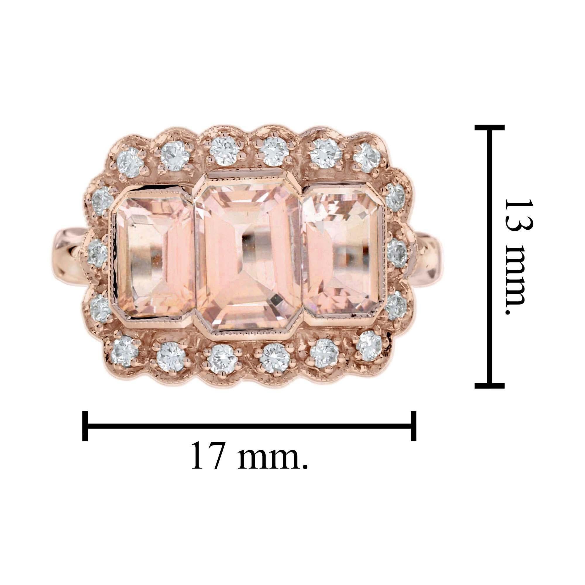 Art déco Bague en or rose à trois pierres, Morganite et diamant, style antique en vente