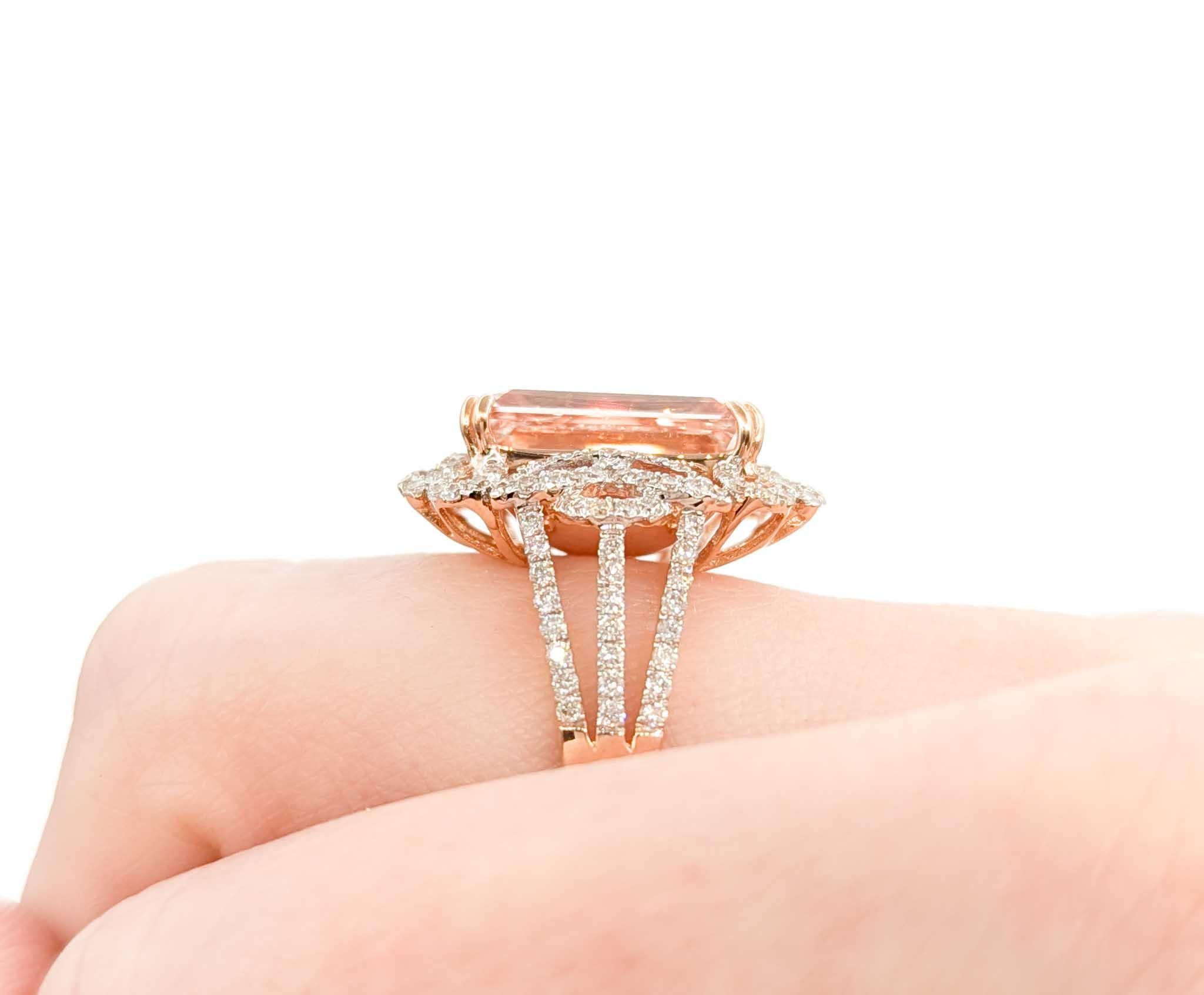 Morganite & Diamond Cocktail Ring in 14k Rose Gold

This stunning cocktail ring is crafted in 14k rose gold and features a 6.97ct morganite centerpiece, known for its soft pink hue and romantic appeal. The morganite is complemented by 0.92ctw of