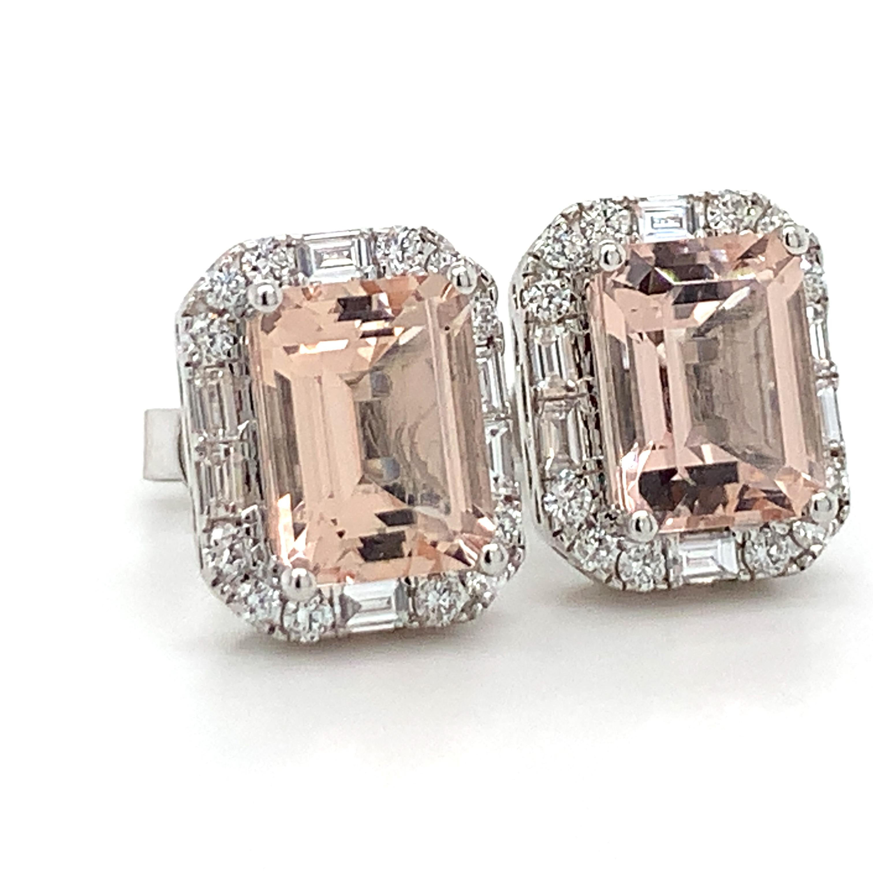 Step into luxury with these magnificent Morganite and Diamond Earrings. Intricately fashioned from exquisite 14k white gold, each earring features a captivating morganite centerpiece framed by twinkling diamonds, beautifully displaying elegance and