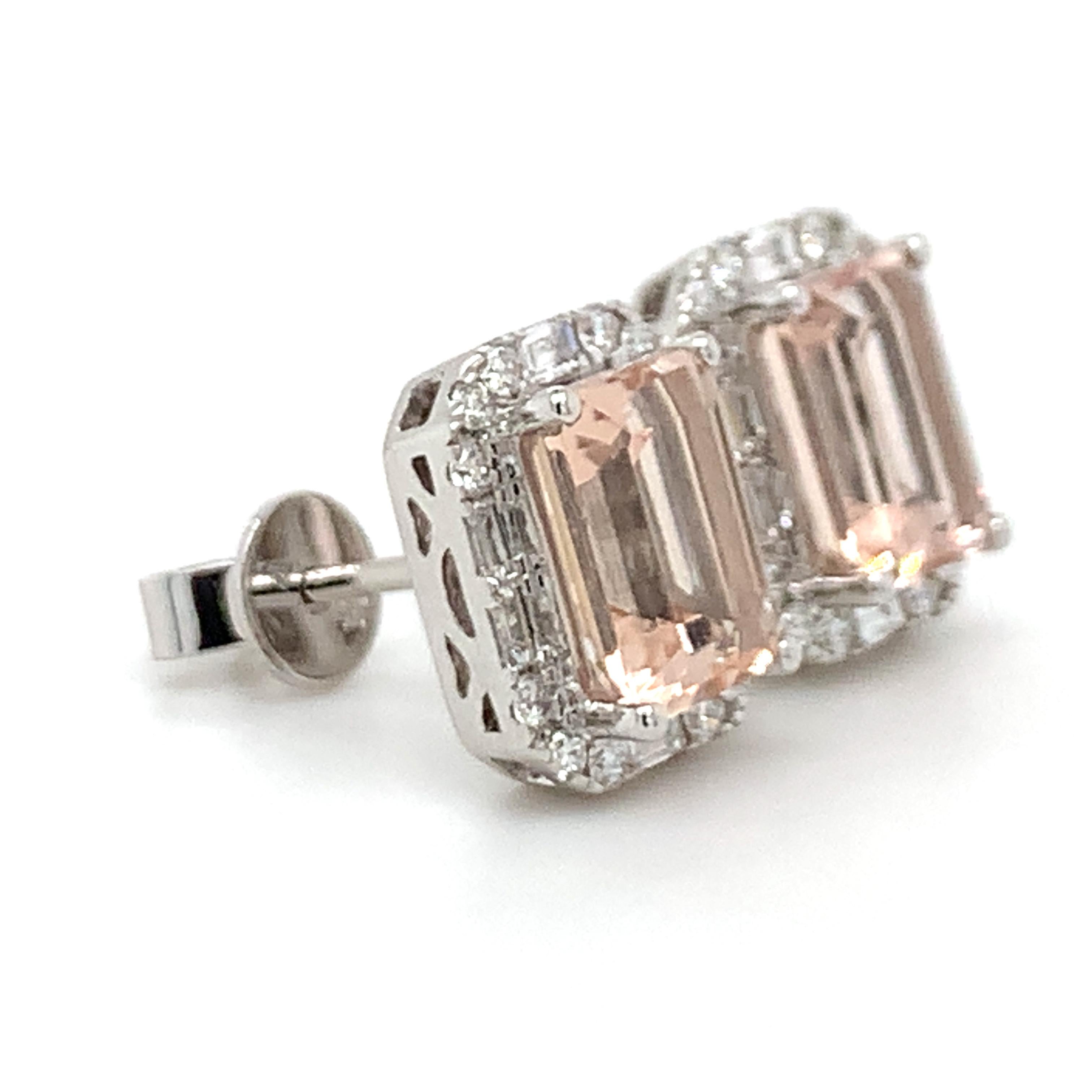 Contemporary Morganite Diamond Earrings 14K White Gold VS2 I For Sale