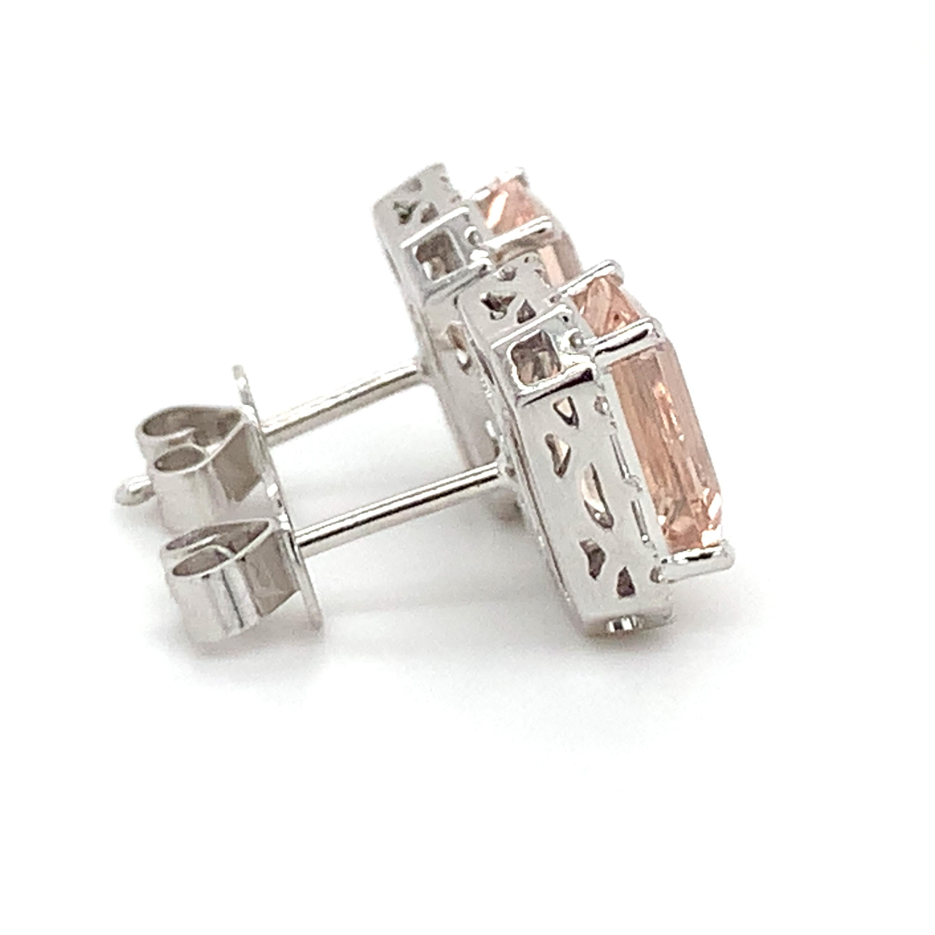 Emerald Cut Morganite Diamond Earrings 14K White Gold VS2 I For Sale