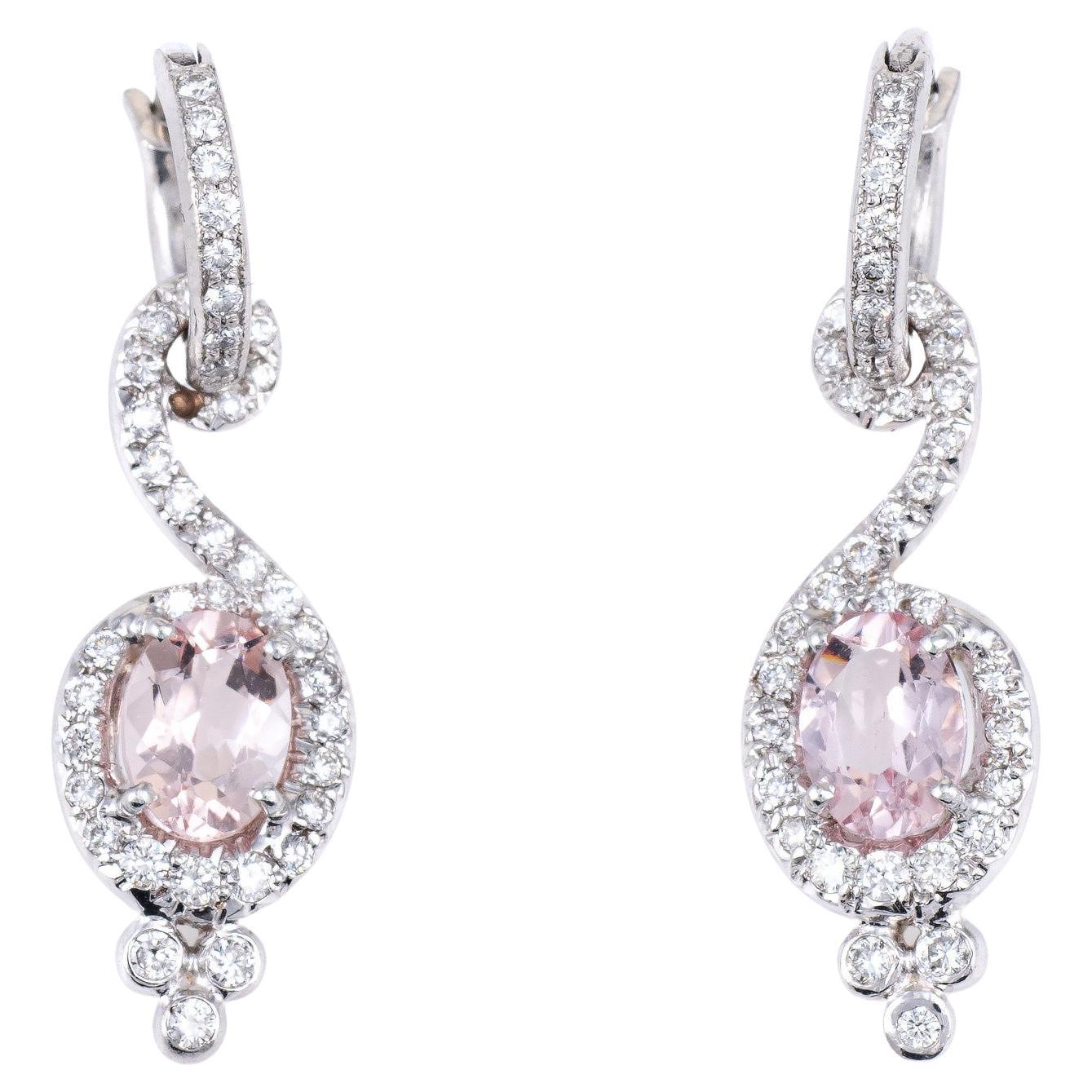 Morganite Diamond Earrings Estate 18k White Gold Drops Fine Jewelry For Sale