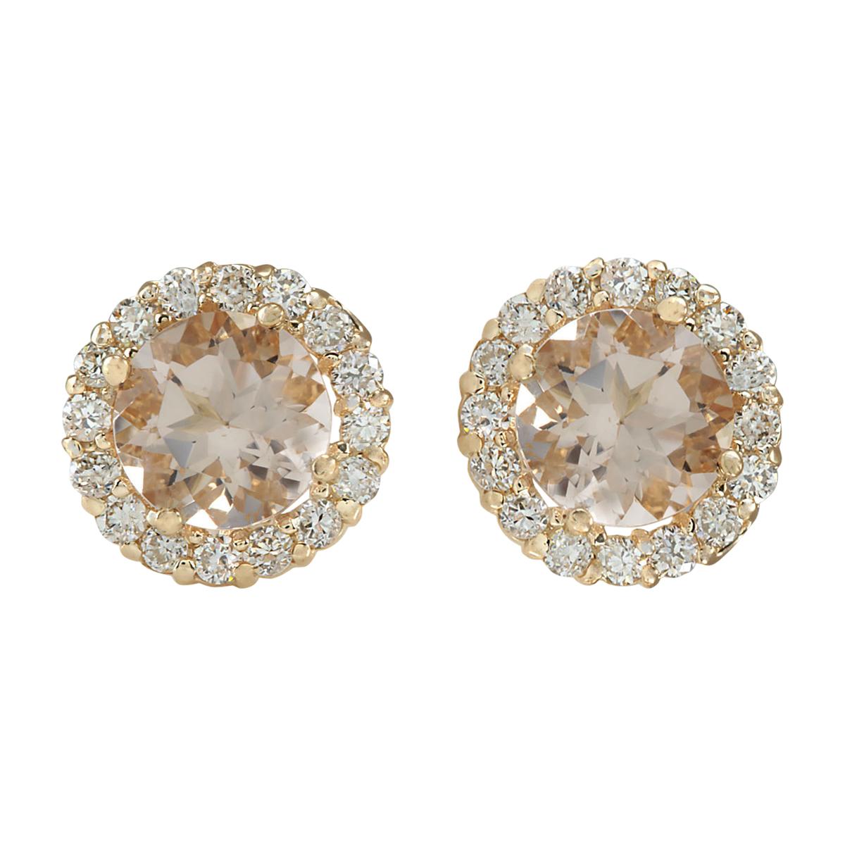 Round Cut Morganite Diamond Earrings In 14 Karat Yellow Gold For Sale