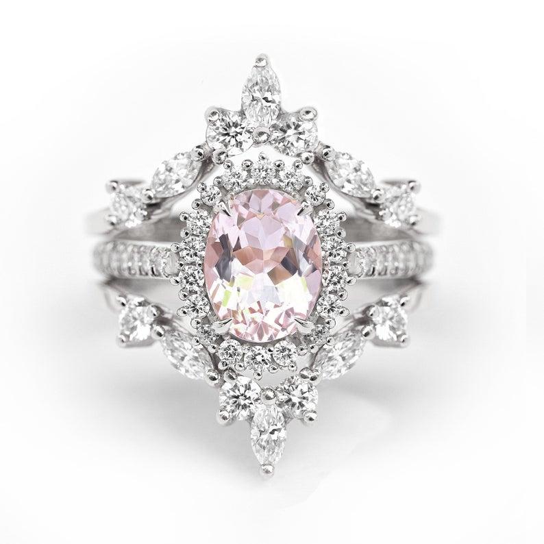 Contemporary Morganite & Diamond Engagement Three Rings Set - Oval Nia & Two Iceland For Sale