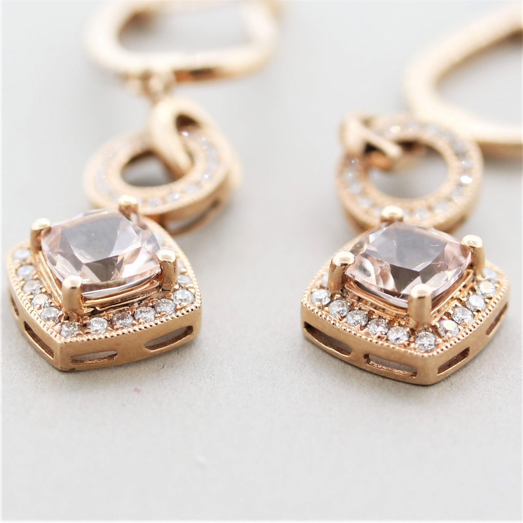Mixed Cut Morganite Diamond Gold Drop Earrings For Sale