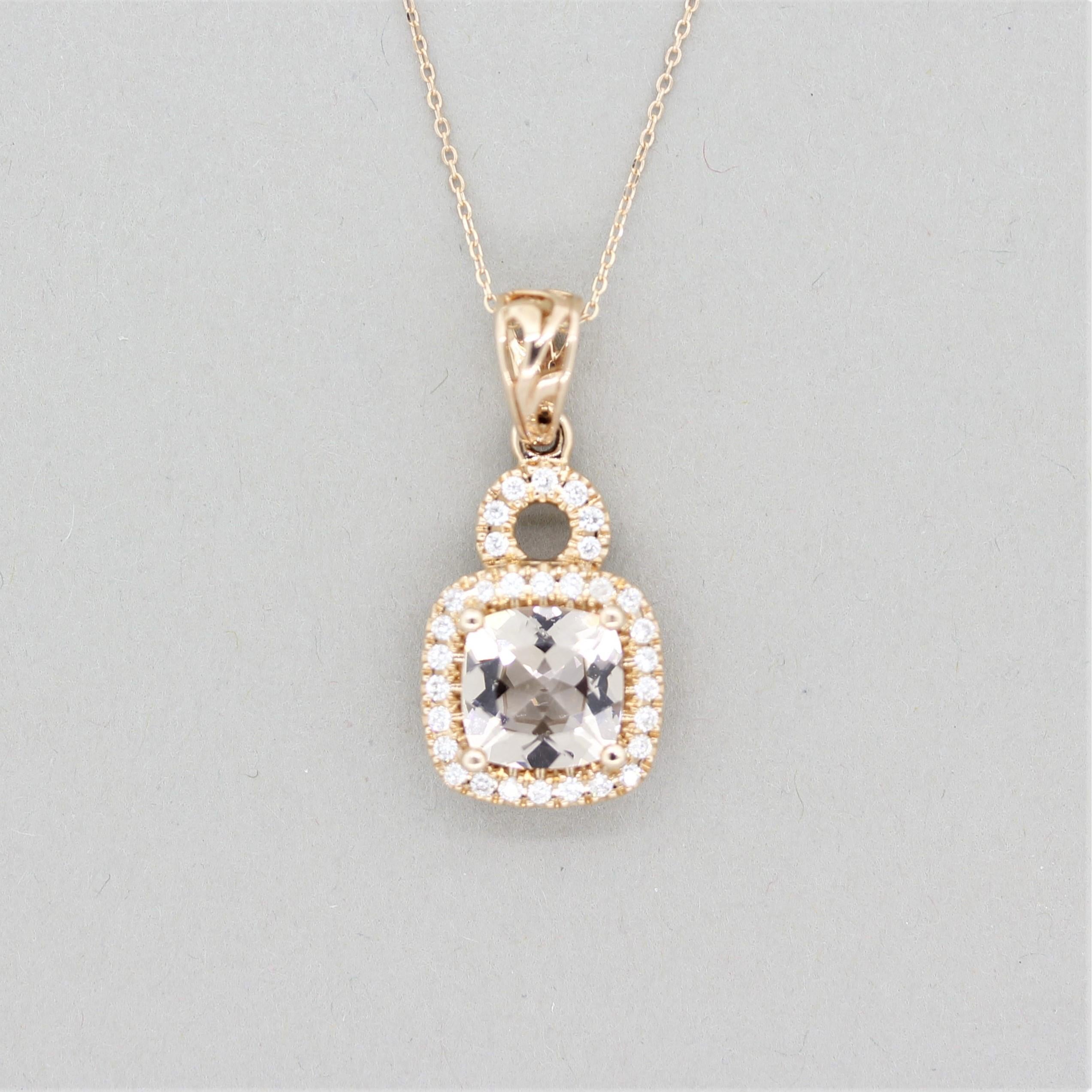 A sweet pendant featuring a 1.56 carat cushion-shaped morganite. It is accented by 0.44 carats of round brilliant-cut diamonds set around the pendant. Made in 14k rose gold.

Pendant Length: 1 inch

Chain Length: 18 inches