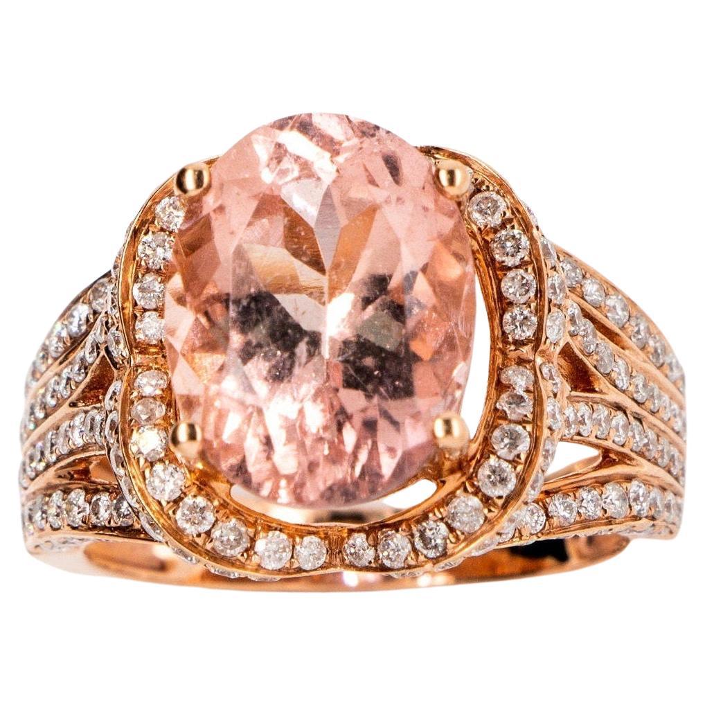 Morganite & Diamond Halo 14K Rose Gold Royal Ring For Sale