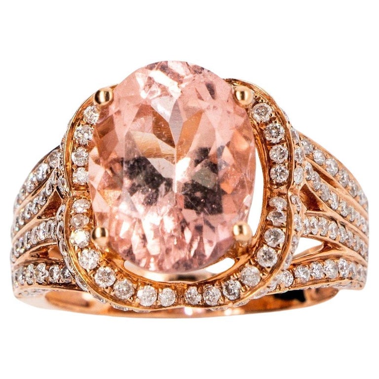 Morganite and Diamond Halo 14K Rose Gold Royal Ring For Sale at 1stDibs