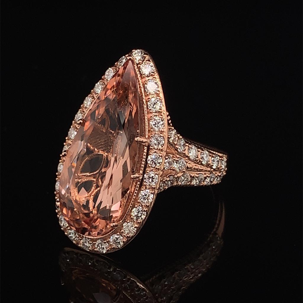 Pear Cut Morganite Diamond Ring 14k Rose Gold 6.91 TCW Certified For Sale