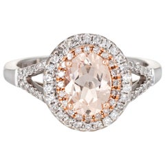 Vintage Morganite Diamond Ring Double Halo 14 Karat White Gold Estate Fine Jewelry