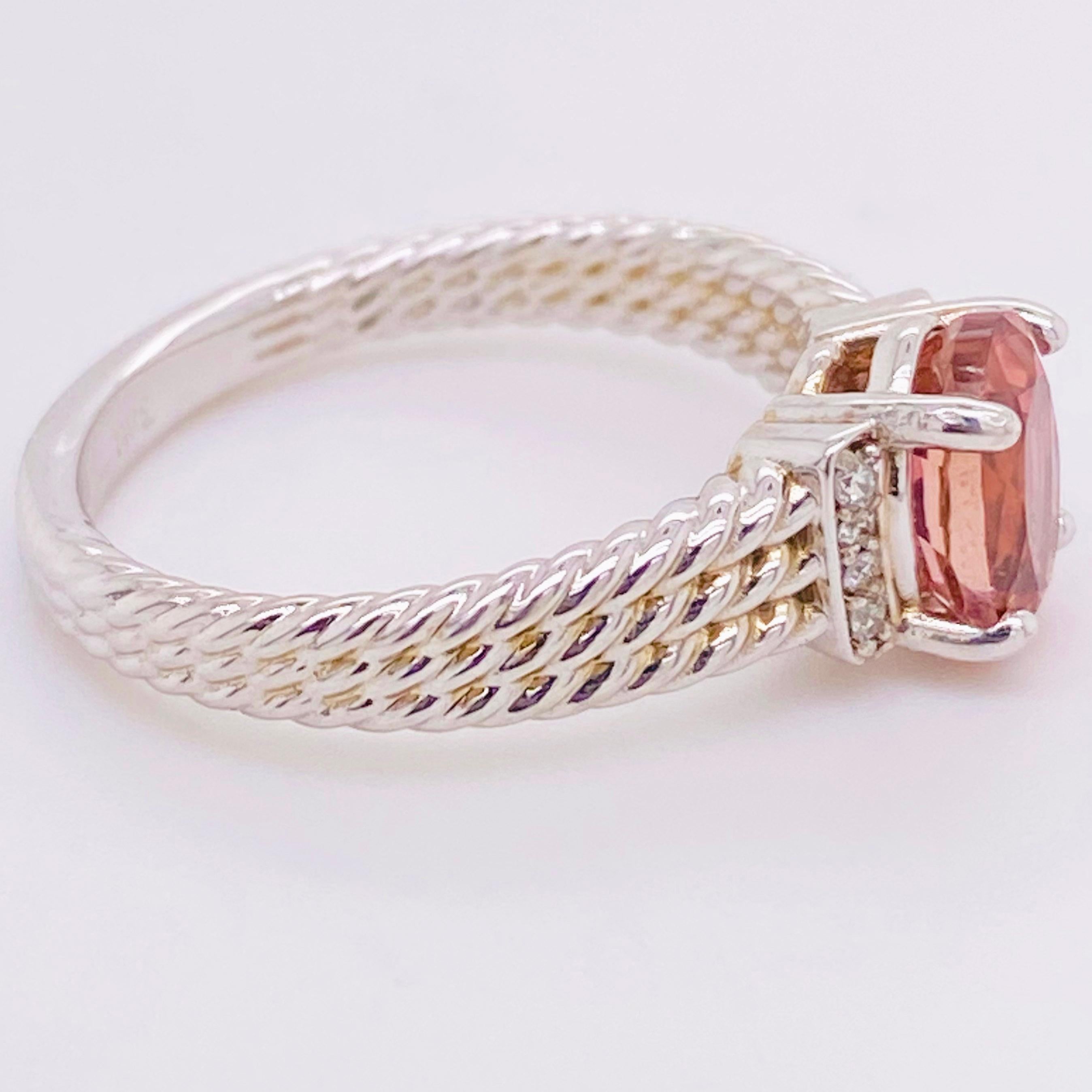 Oval Cut Morganite Diamond Ring, Engagement, 14k White Gold, Twisted Band, 1 Carat Oval