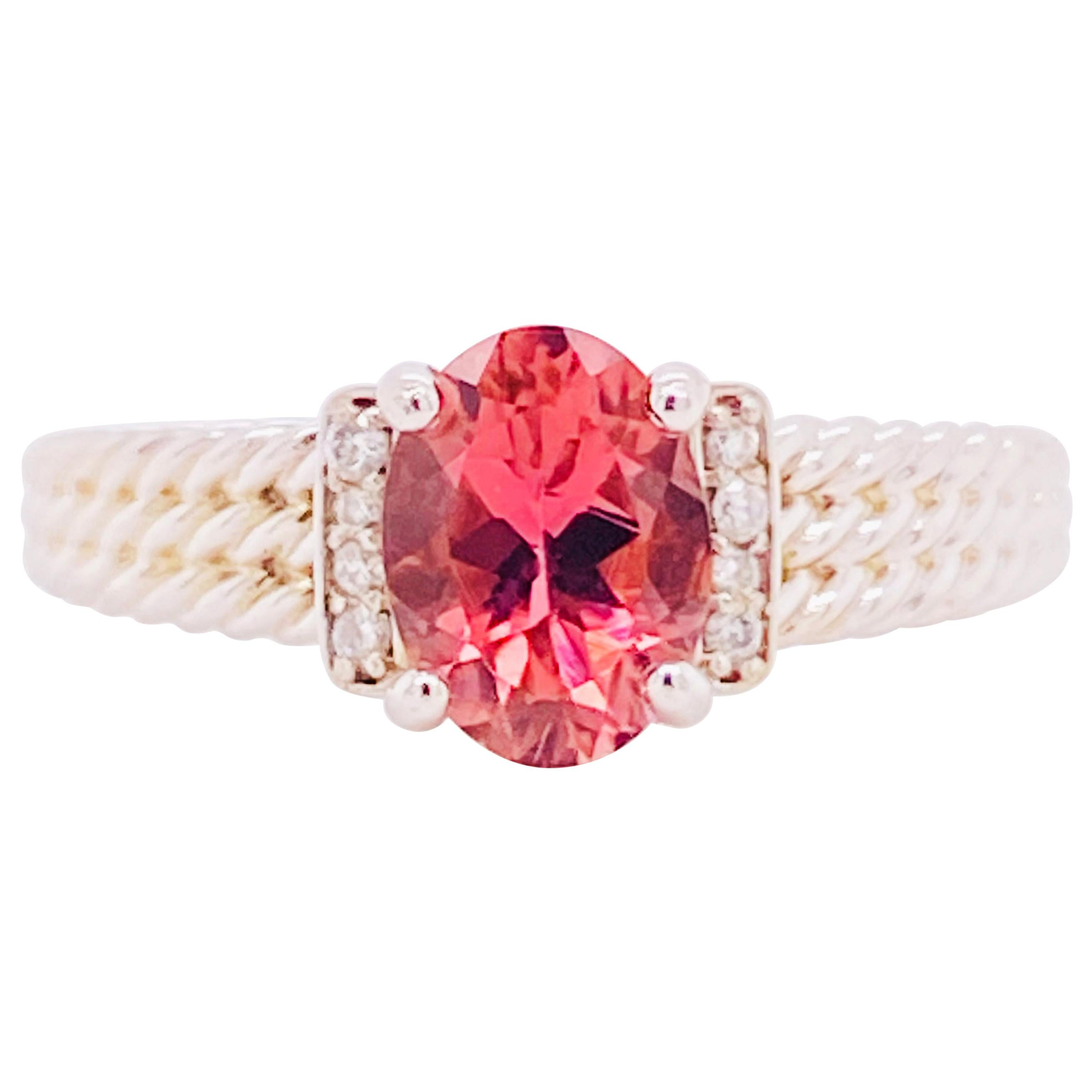 Morganite Diamond Ring, Engagement, 14k White Gold, Twisted Band, 1 Carat Oval