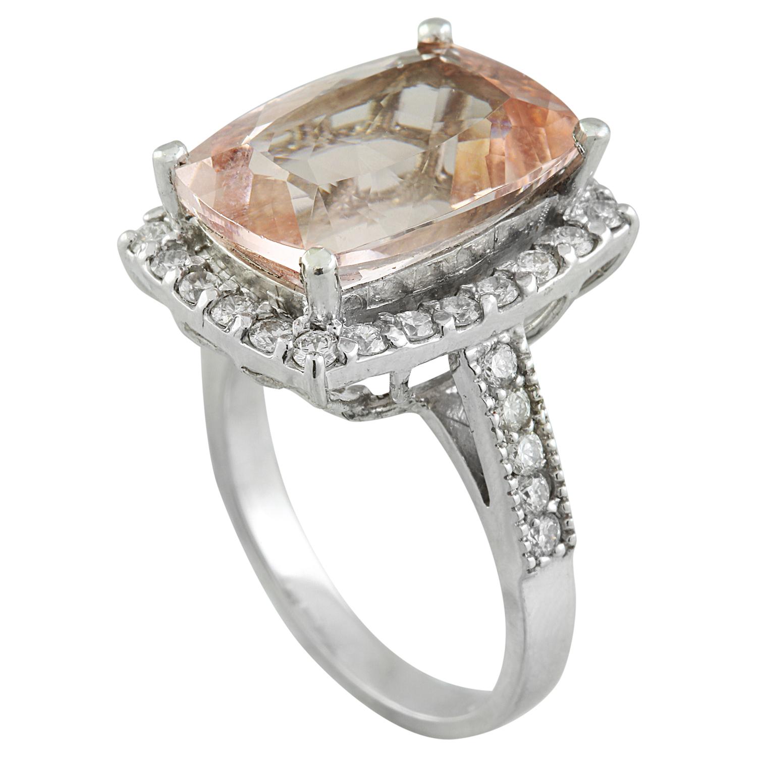 7.10 Carat Natural Morganite 14 Karat Solid White Gold Diamond Ring
Stamped: 14K 
Total Ring Weight: 6.6 Grams 
Morganite Weight: 6.30 Carat (14.00x10.00 Millimeters) 
Diamond Weight: 0.80 Carat (F-G Color, VS2-SI1 Clarity)
Quantity: 34
Face