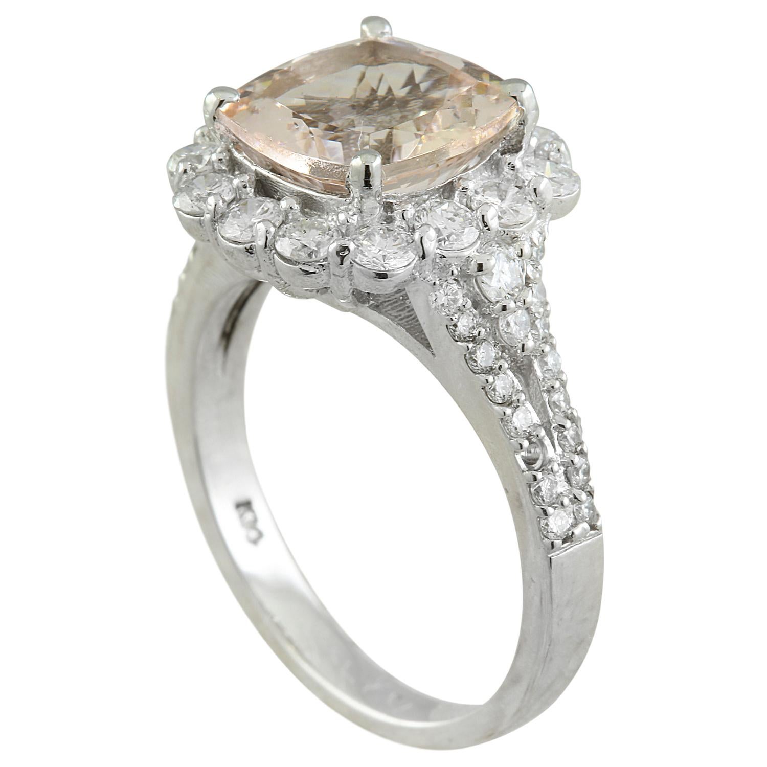 3.70 Carat Natural Morganite 14 Karat Solid White Gold Diamond Ring
Stamped: 14K 
Total Ring Weight: 5 Grams 
Morganite Weight: 2.60 Carat (9.00x9.00 Millimeters)  
Diamond Weight: 1.10 Carat (F-G Color, VS2-SI1 Clarity) 
Quantity: 50
Face Measures: