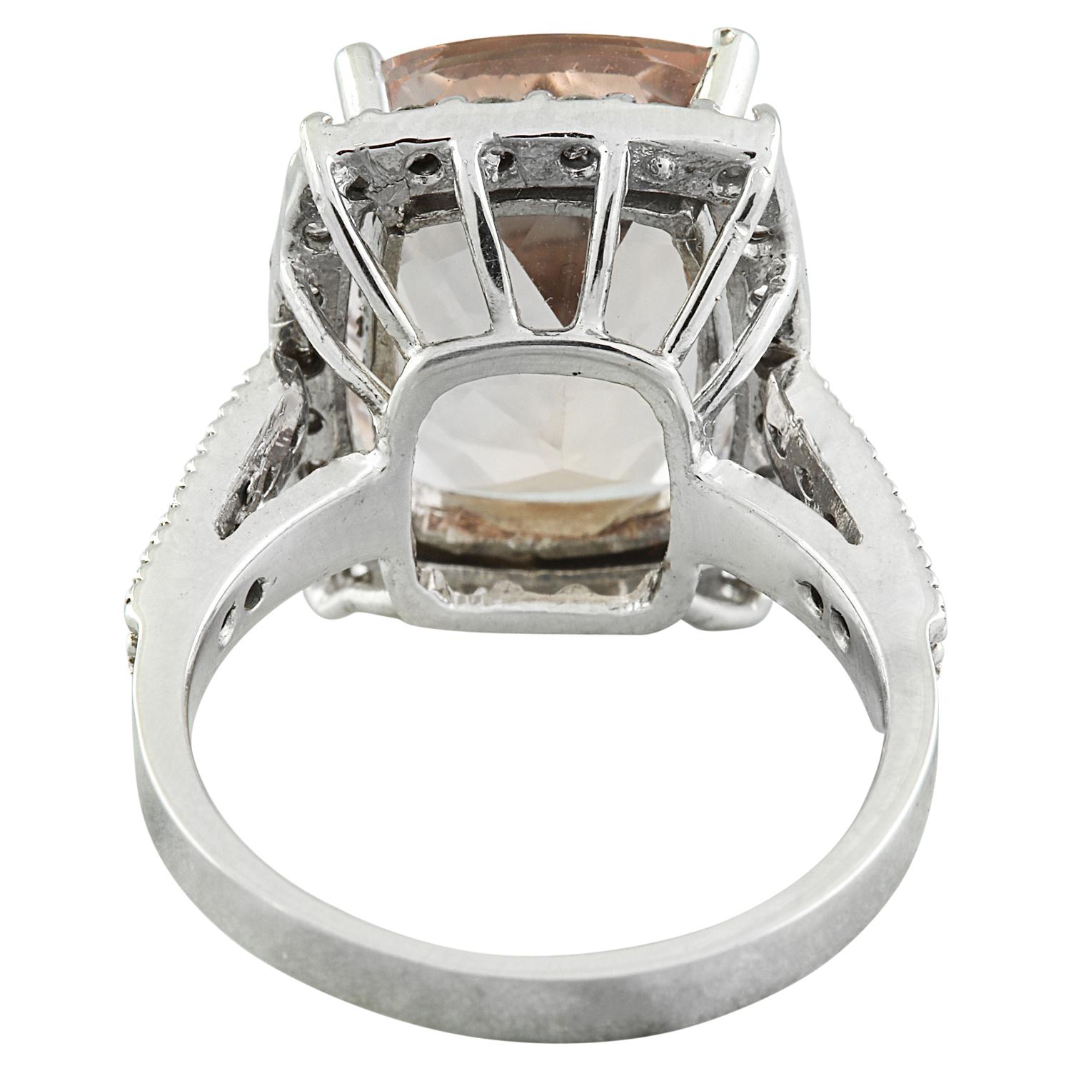 Cushion Cut Morganite Diamond Ring In 14 Karat White Gold For Sale