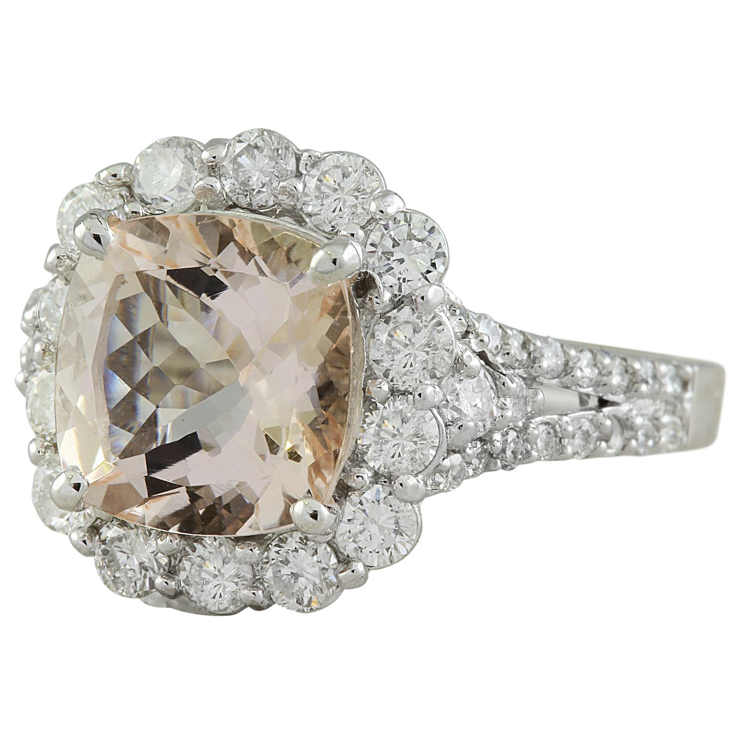Cushion Cut Morganite Diamond Ring In 14 Karat White Gold For Sale