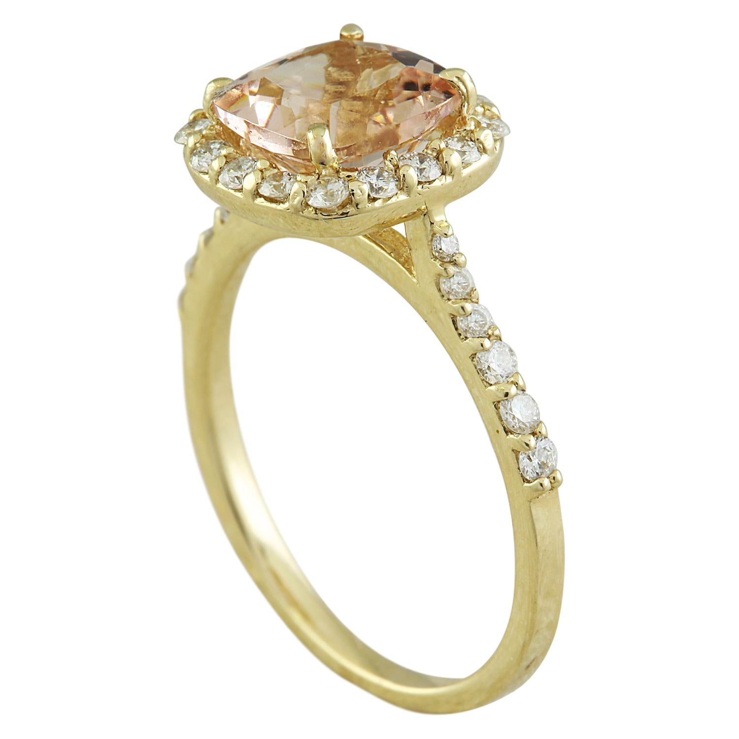 2.32 Carat Natural Morganite 14 Karat Solid Yellow Gold Diamond Ring
Stamped: 14K 
Total Ring Weight: 3 Grams 
Morganite Weight: 1.82 Carat (7.50x7.50 Millimeters)  
Diamond Weight: 0.50 Carat (F-G Color, VS2-SI1 Clarity )
Quantity: 28
Face