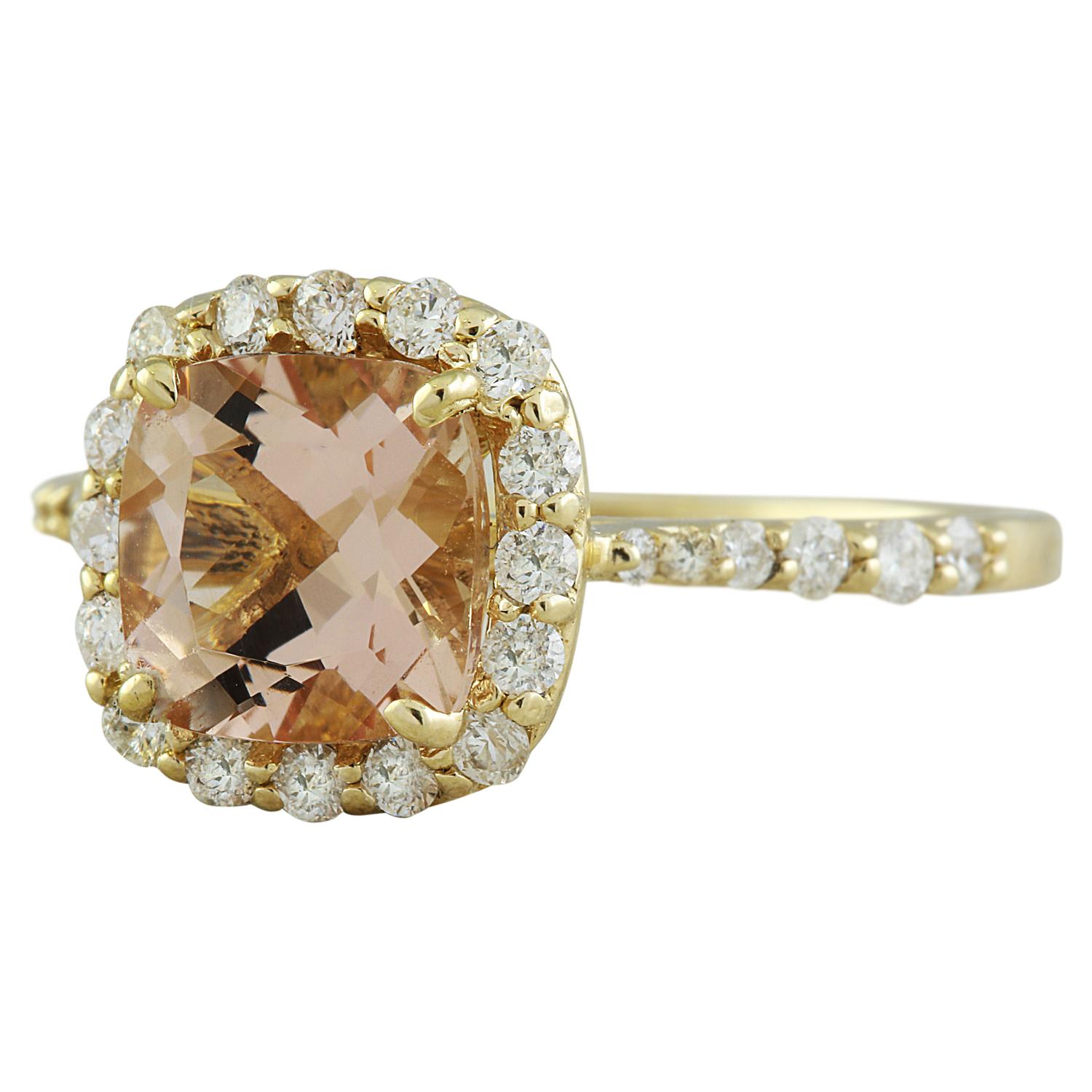 Cushion Cut Morganite Diamond Ring In 14 Karat Yellow Gold For Sale