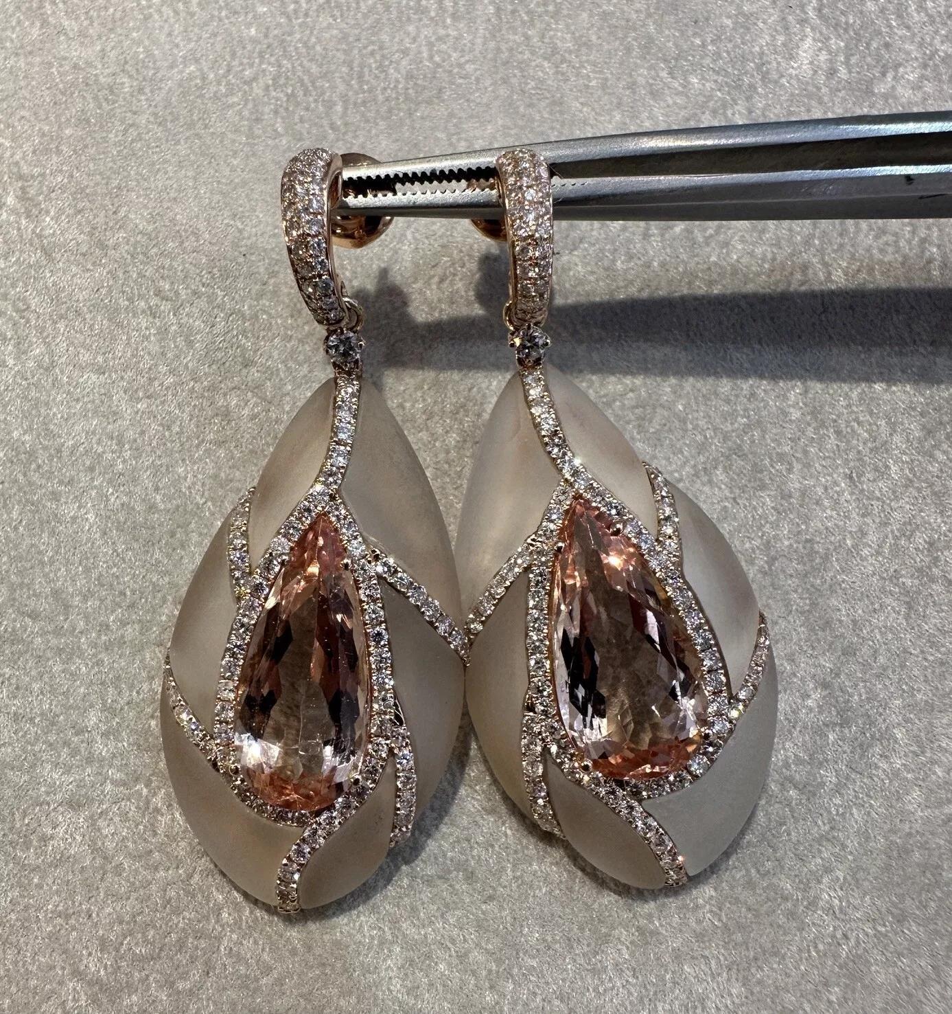 Women's Morganite, Diamond & Rock Crystal Drop Earrings in 18k Rose Gold For Sale
