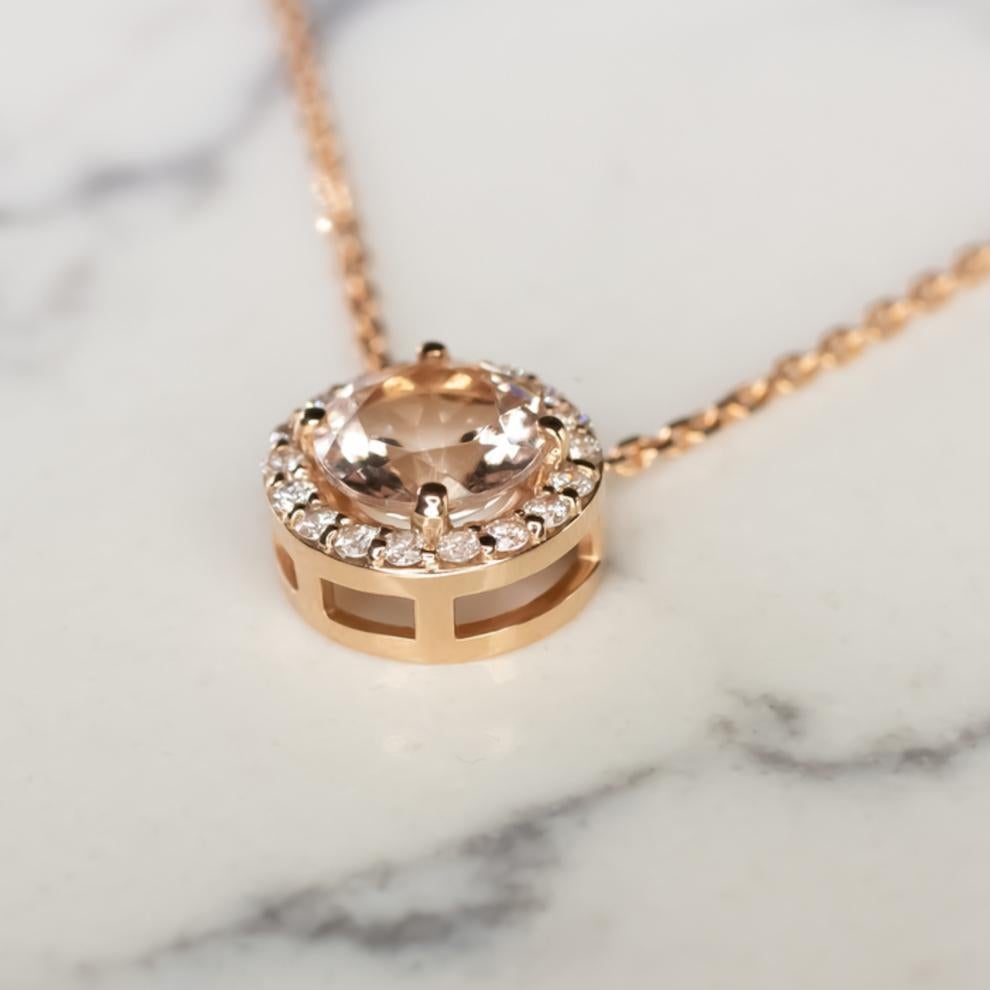 Modern Morganite Diamond Round Cut Halo Pendant Necklace in Rose Gold, Peach Pink For Sale