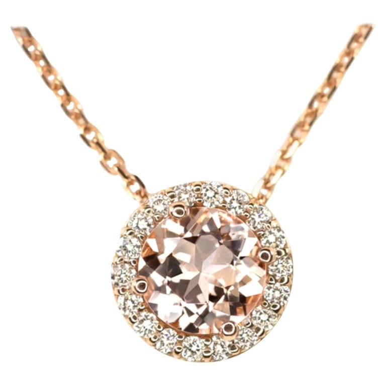 Morganite Diamond Round Cut Halo Pendant Necklace in Rose Gold, Peach Pink For Sale