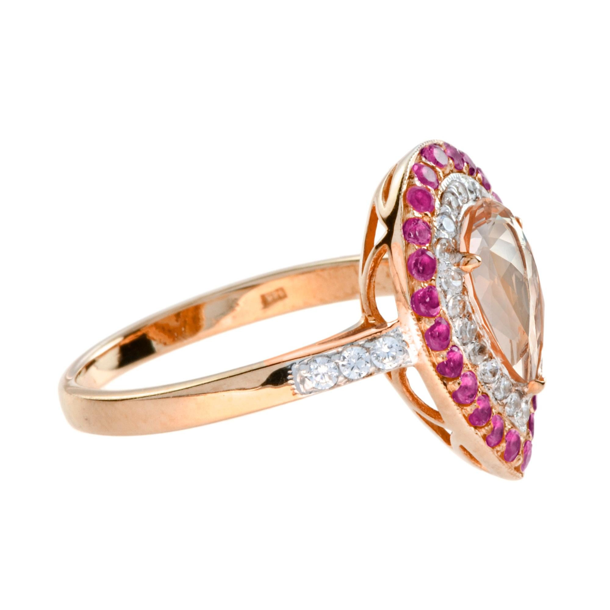 For Sale:  Morganite Diamond Ruby Pear Shaped Halo  Engagement Ring in 14K Rose Gold 4