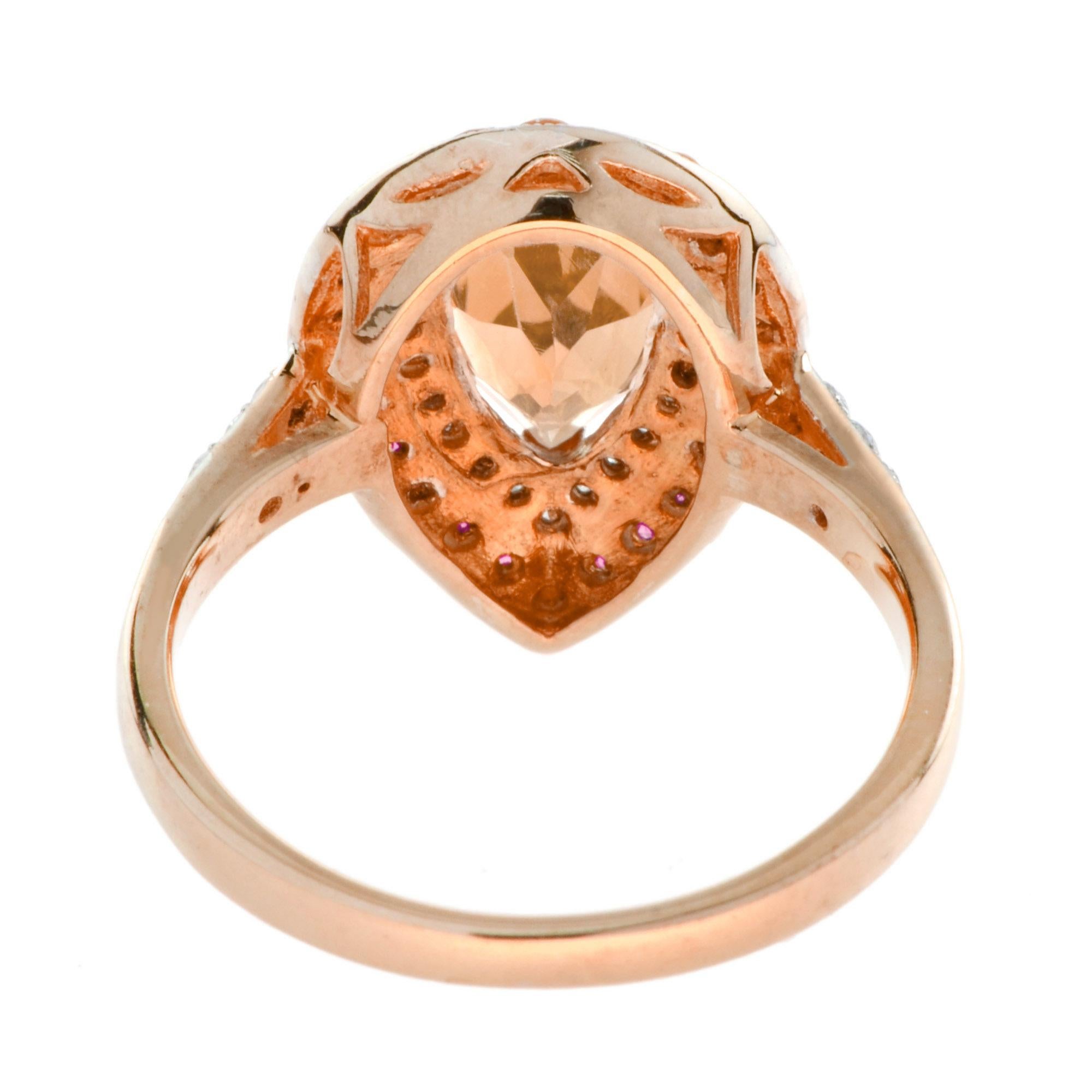 For Sale:  Morganite Diamond Ruby Pear Shaped Halo  Engagement Ring in 14K Rose Gold 5
