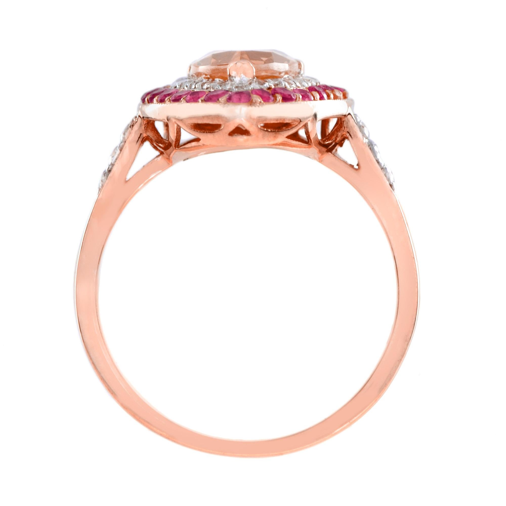 For Sale:  Morganite Diamond Ruby Pear Shaped Halo  Engagement Ring in 14K Rose Gold 6