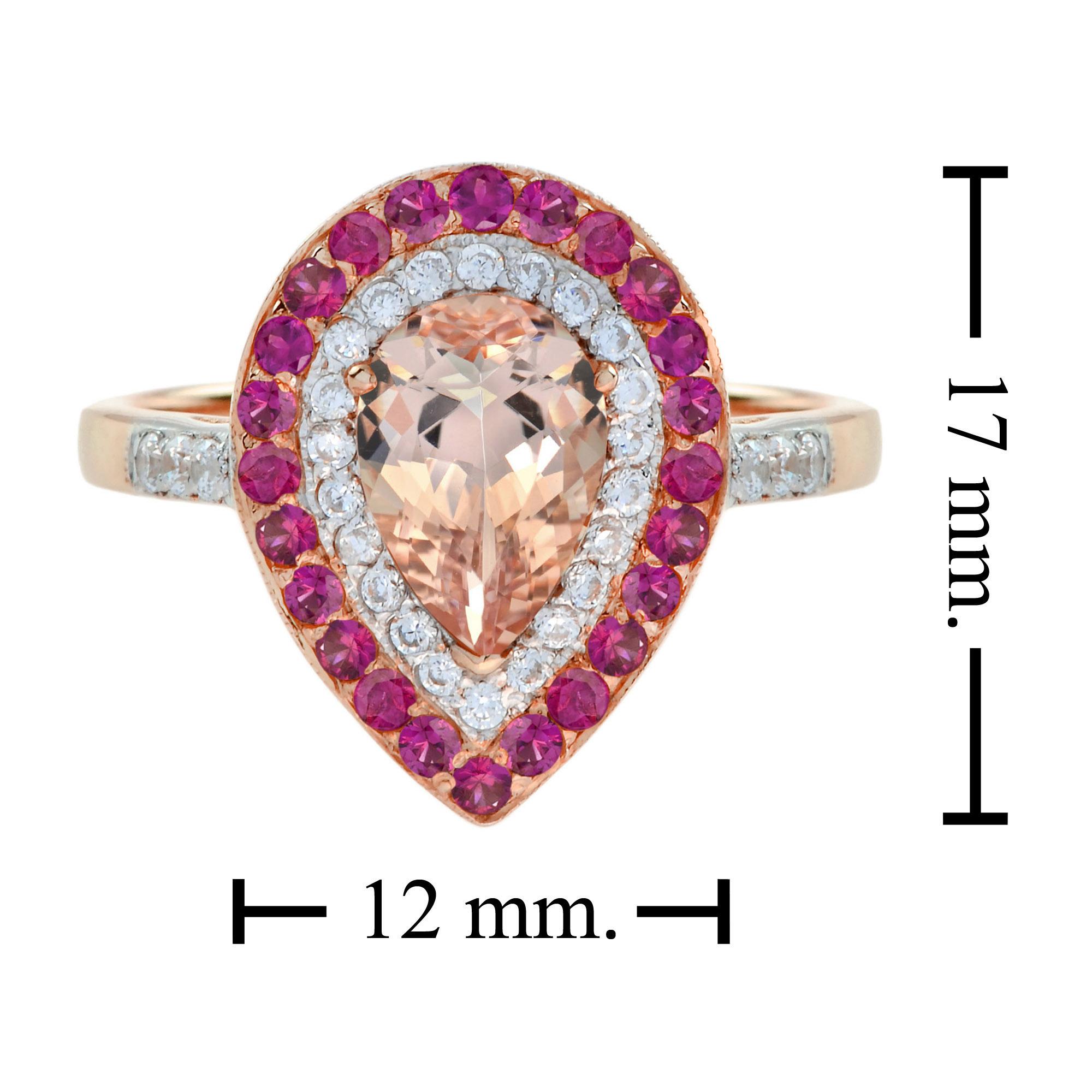 For Sale:  Morganite Diamond Ruby Pear Shaped Halo  Engagement Ring in 14K Rose Gold 7