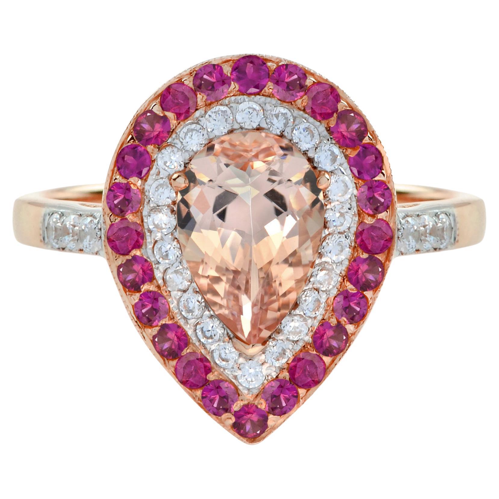 Morganite, diamant, rubis et halo en forme de poire  Bague de fiançailles en or rose 14K