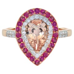 Used Morganite Diamond Ruby Pear Shaped Halo  Engagement Ring in 14K Rose Gold
