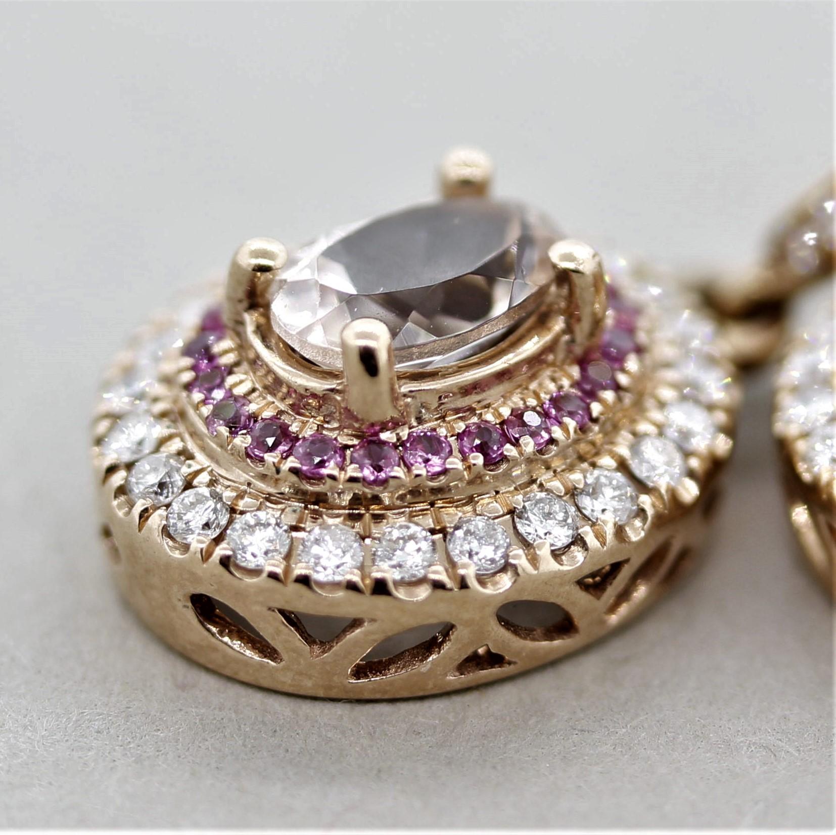 Women's Morganite Diamond Sapphire Gold Drop Earrings