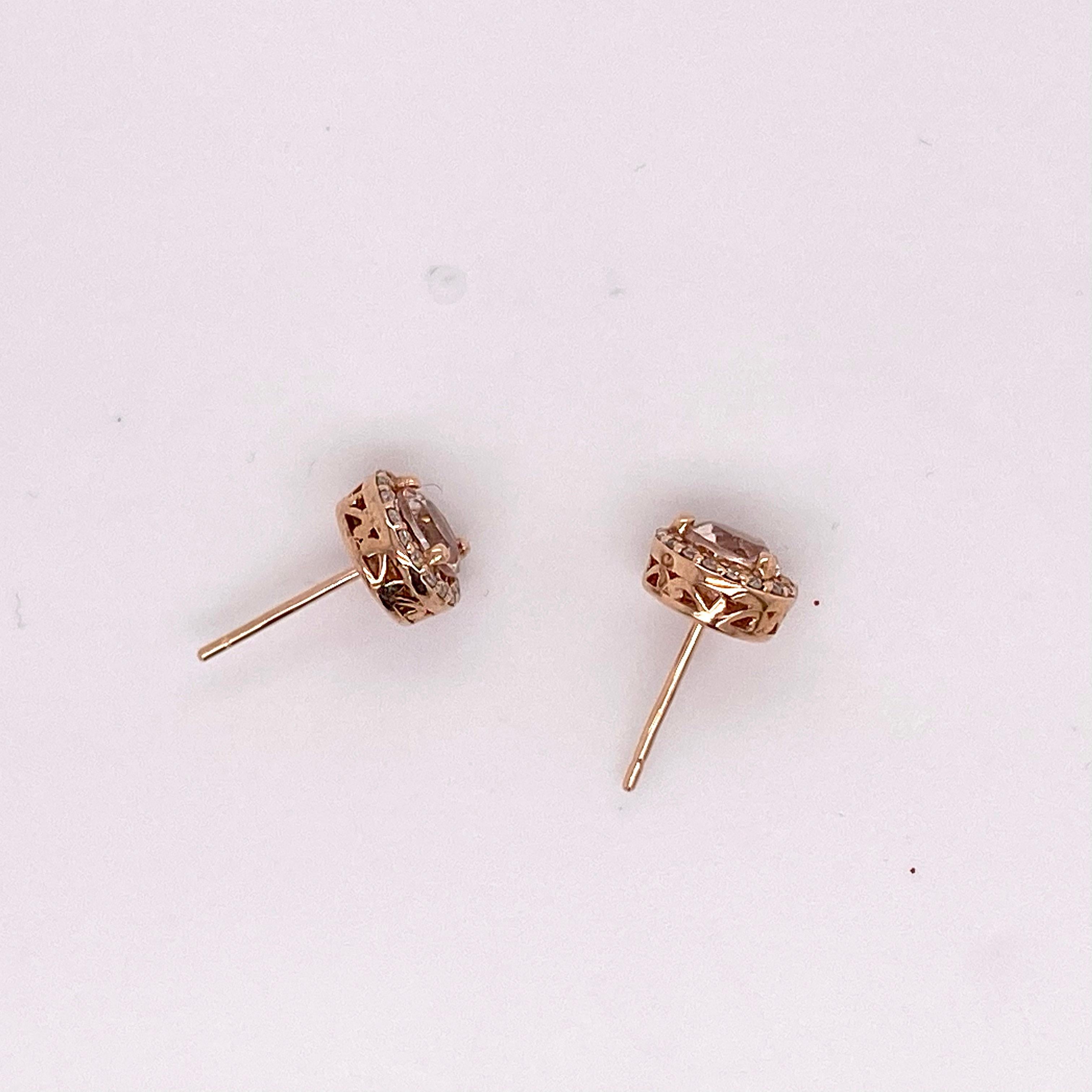 Modern Morganite Diamond Studs Earrings, Halo of Diamonds, Rose Gold Halo Earrings
