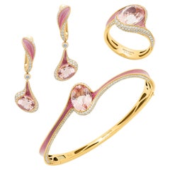 Morganite Diamonds Enamel 18 Karat Yellow Gold Melted Colors Bracelet Suite