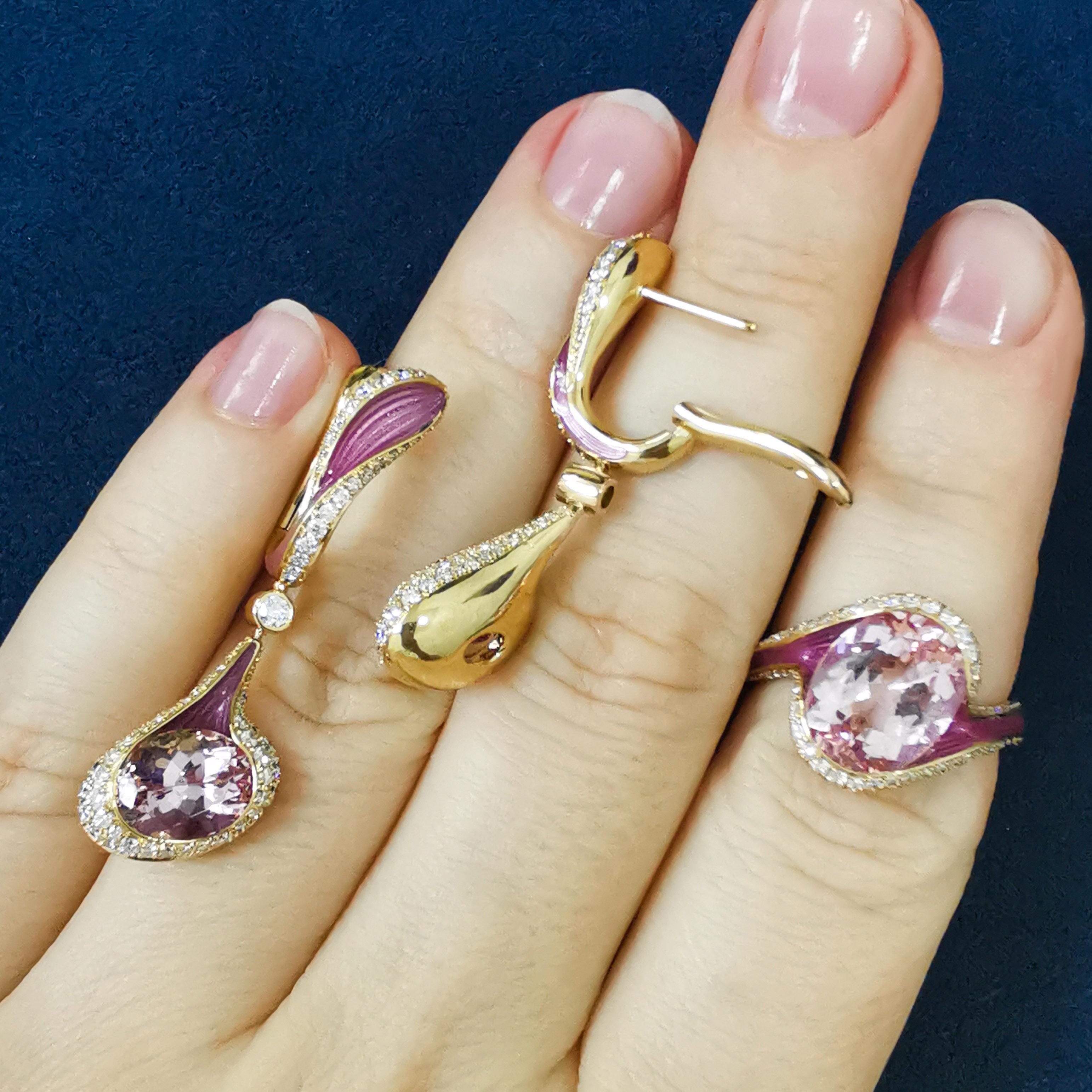 Morganite Diamonds Enamel 18 Karat Yellow Gold Melted Colors Suite In New Condition For Sale In Bangkok, TH