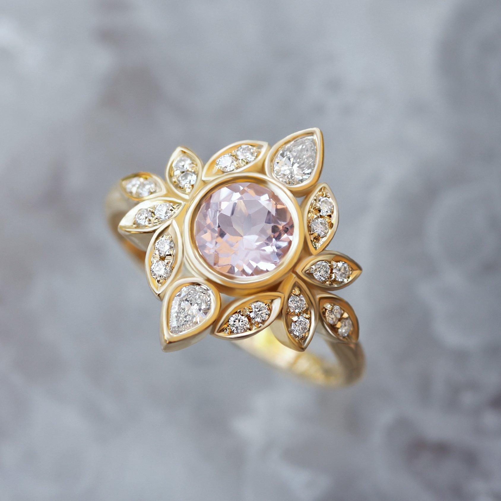Unique Lily #5 Morganite & Diamonds Flower Engagement Ring.
The list is for the Engagement ring only.
Handmade with care. 
An original design by Silly Shiny Diamonds. 

Details:
* Center stone shape: Round.
* Center stone type: 6mm, Peach-Pink