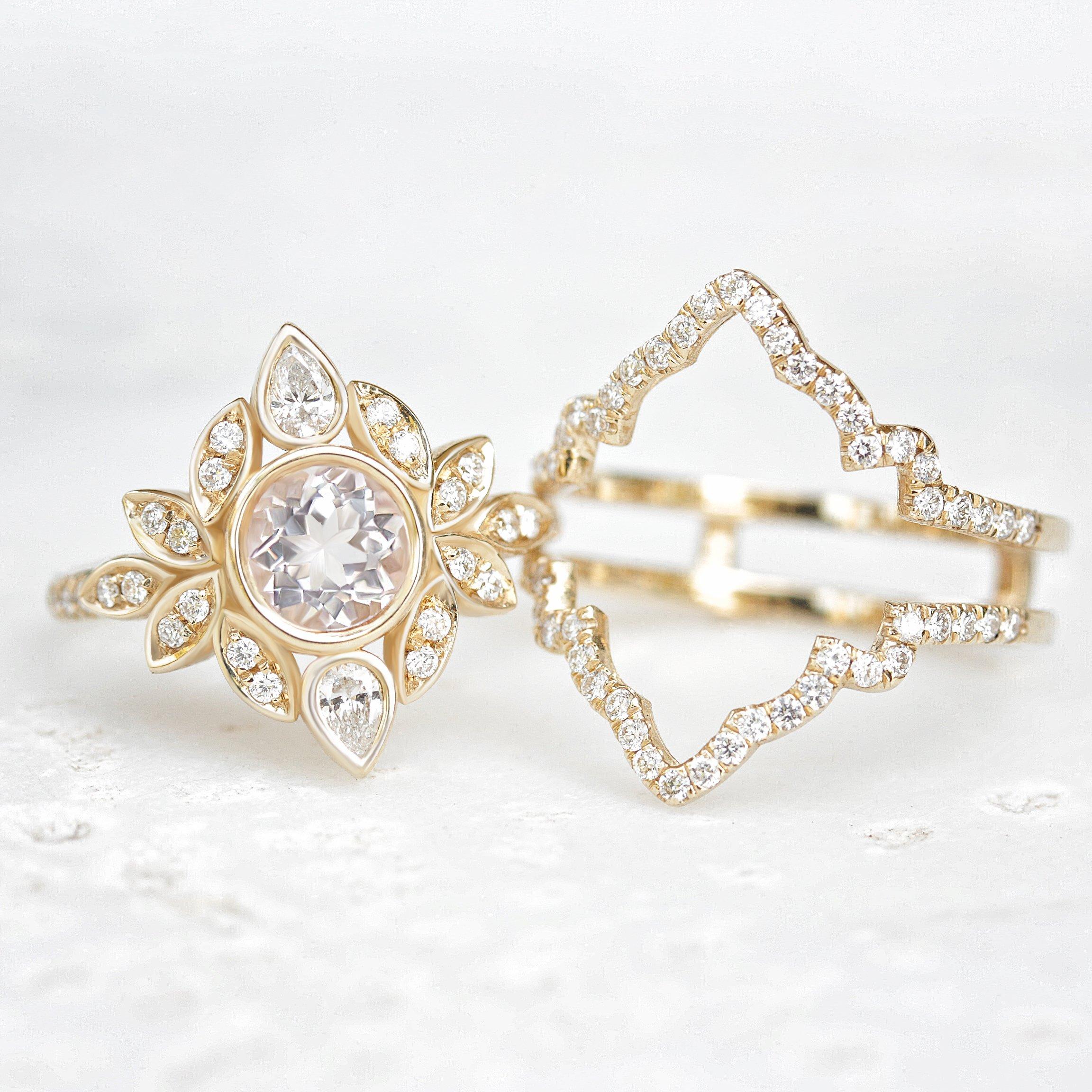 Art Deco Morganite & Diamonds Flower Engagement Ring - Lily#5 For Sale