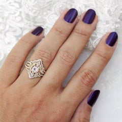 Morganite & Diamonds Flower Engagement Ring With Pave Diamond Ring Guard- Lily#5
