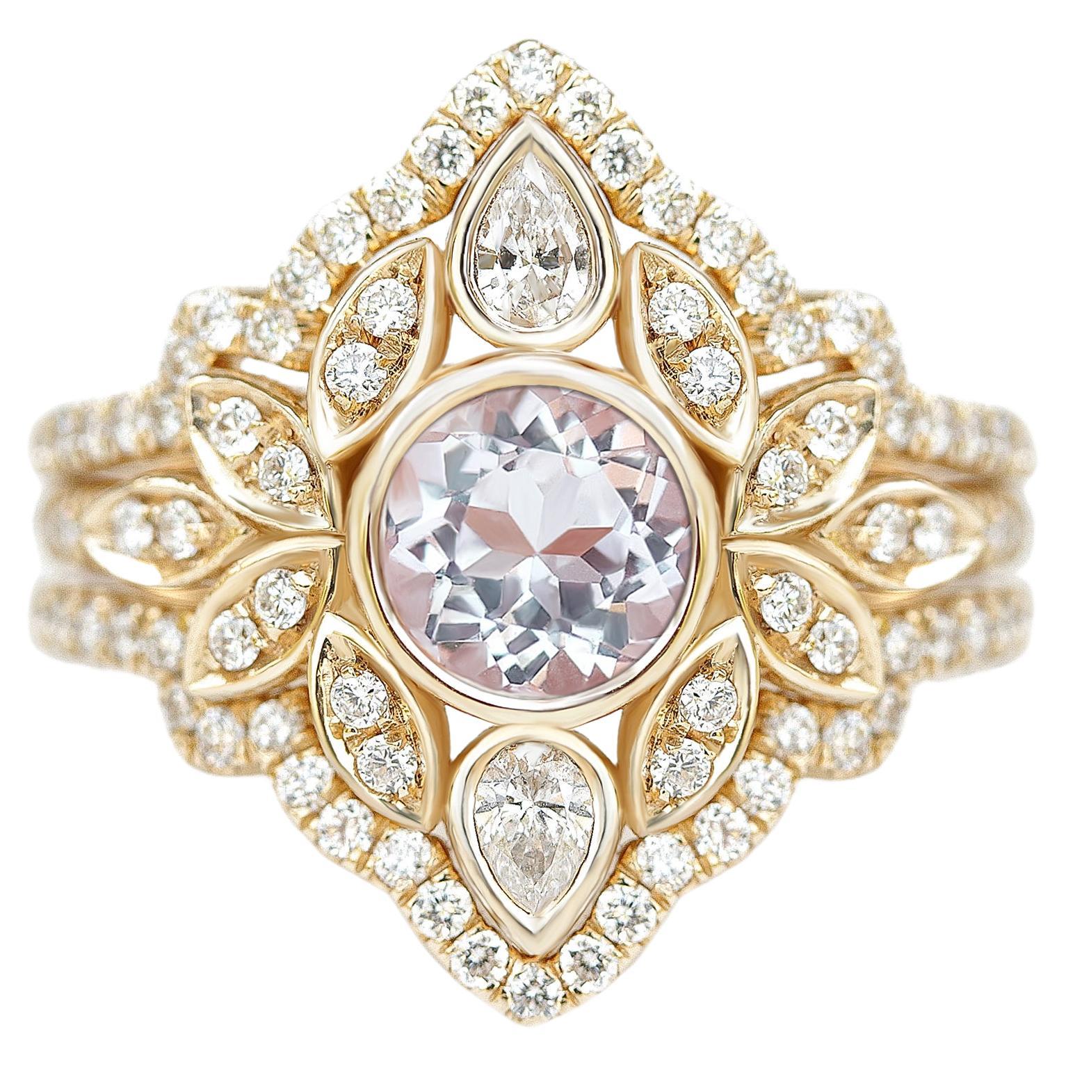Bague de fiançailles fleur en morganite et diamants avec anneau en diamants pavés Guard- Lily n° 5