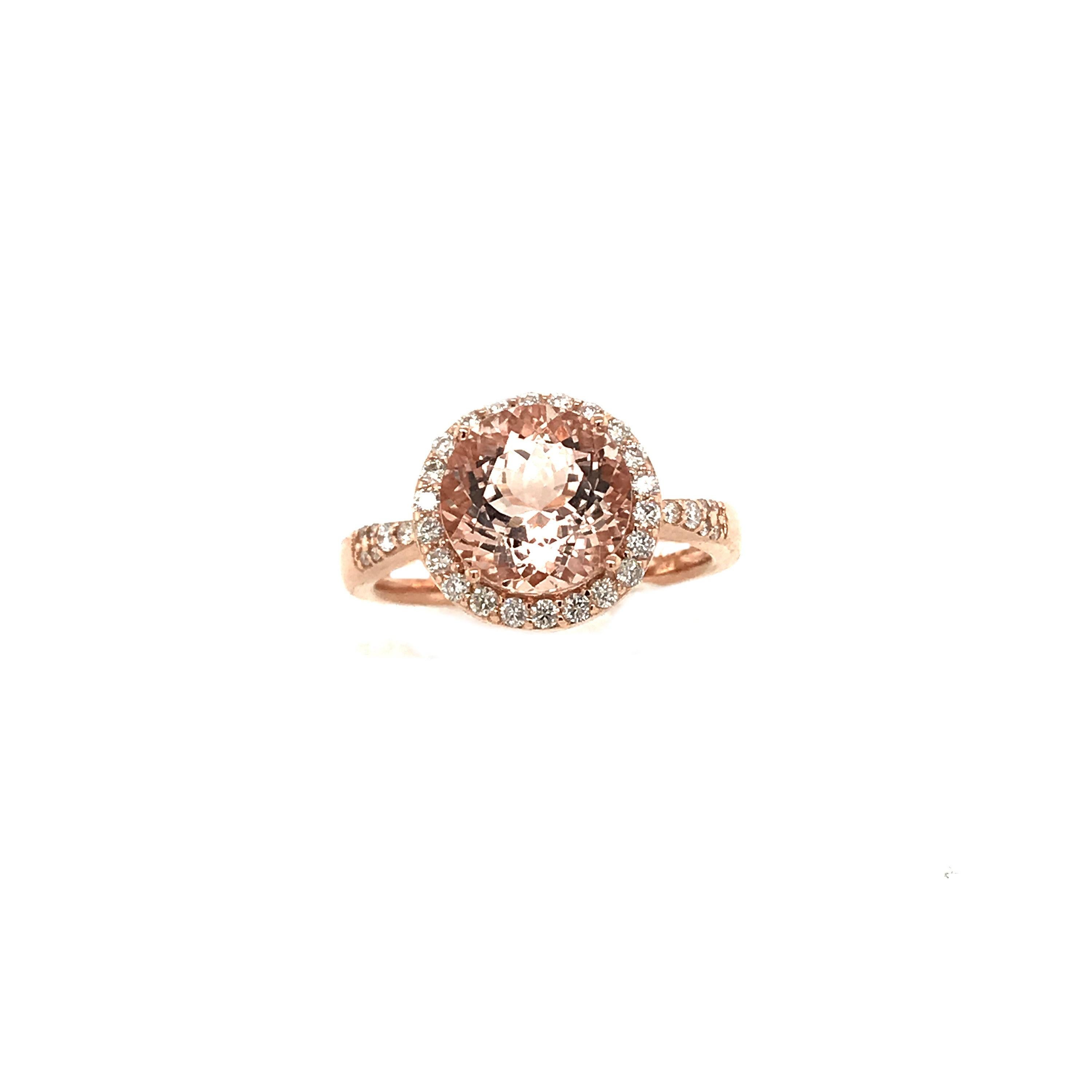 Contemporary Morganite & Double Diamond Halo 14K Rose Gold Engagement Ring For Sale