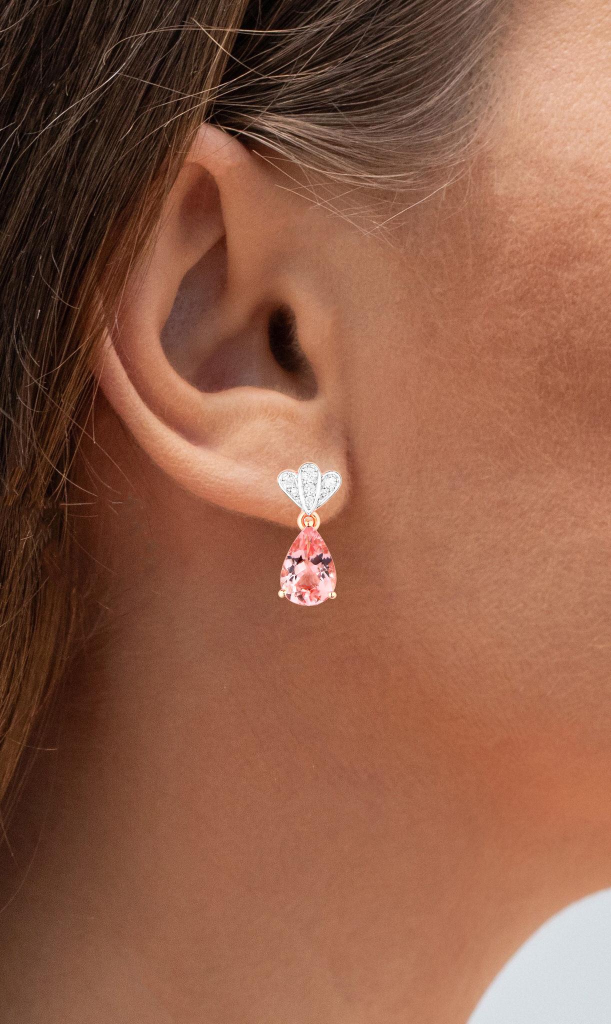 Contemporary Morganite Drop Earrings Diamond Setting 3.1 Carats 14K Rose Gold For Sale